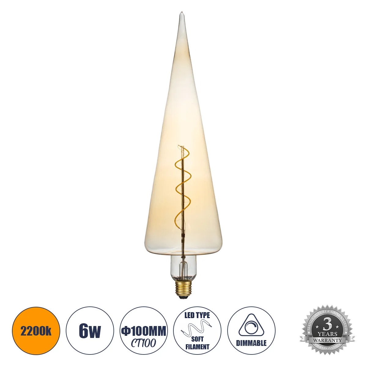 Φωτογραφία προϊόντος: GLOBOSTAR® SPEAR 99023 Λάμπα E27 CT100 LED 6W 420lm 360° AC 220-240V IP20 Ultra Θερμό Λευκό 2200K Dimmable - Soft S Spiral Filament Chip - Μελί - Μ10 x Π10 x Υ28cm - 3 Χρόνια Εγγύη