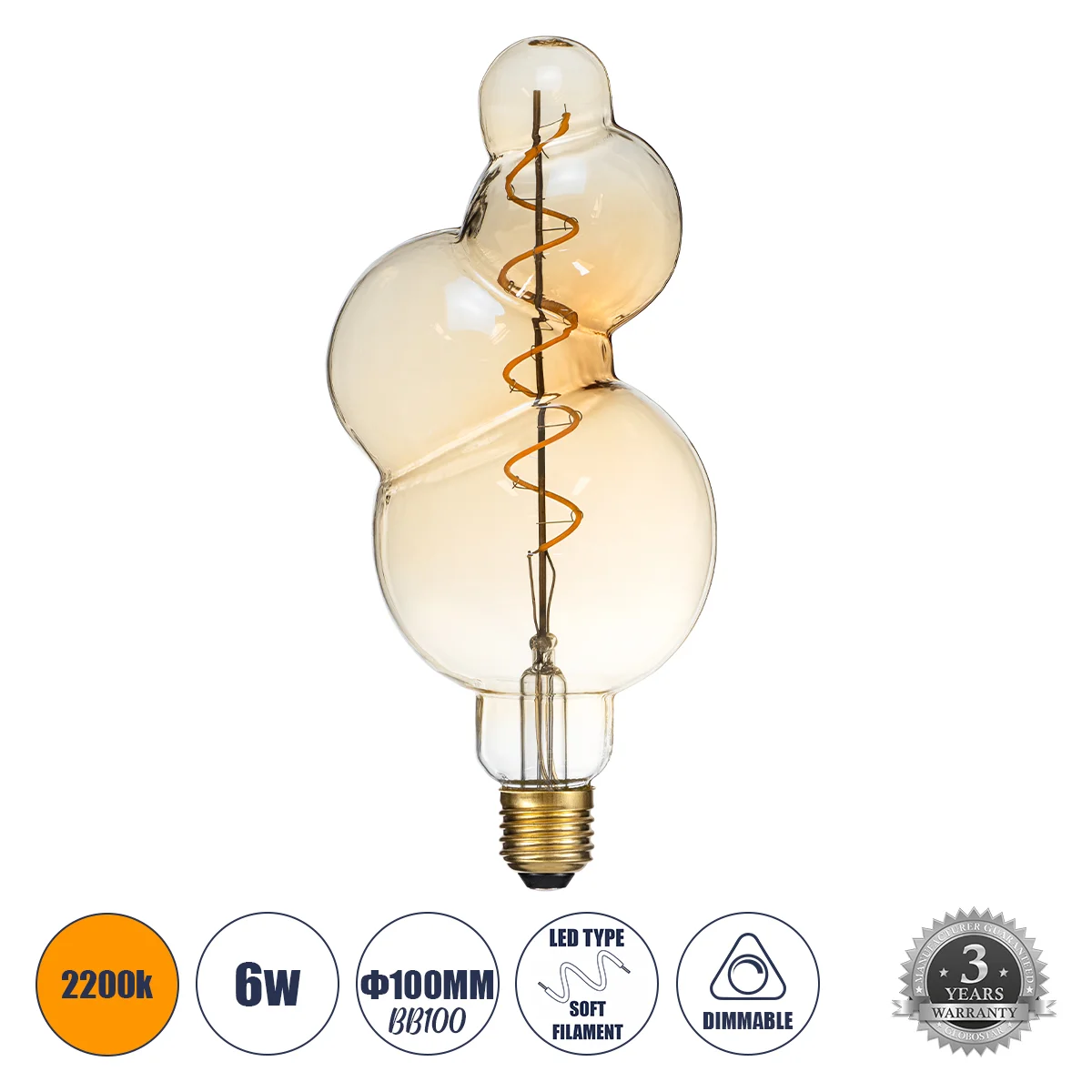 Φωτογραφία προϊόντος: GLOBOSTAR® BUBBLES 99021 Λάμπα E27 BB100 LED 6W 420lm 360° AC 220-240V IP20 Ultra Θερμό Λευκό 2200K Dimmable - Soft S Spiral Filament Chip - Μελί - Μ10 x Π10 x Υ24cm - 3 Χρόνια Εγγ