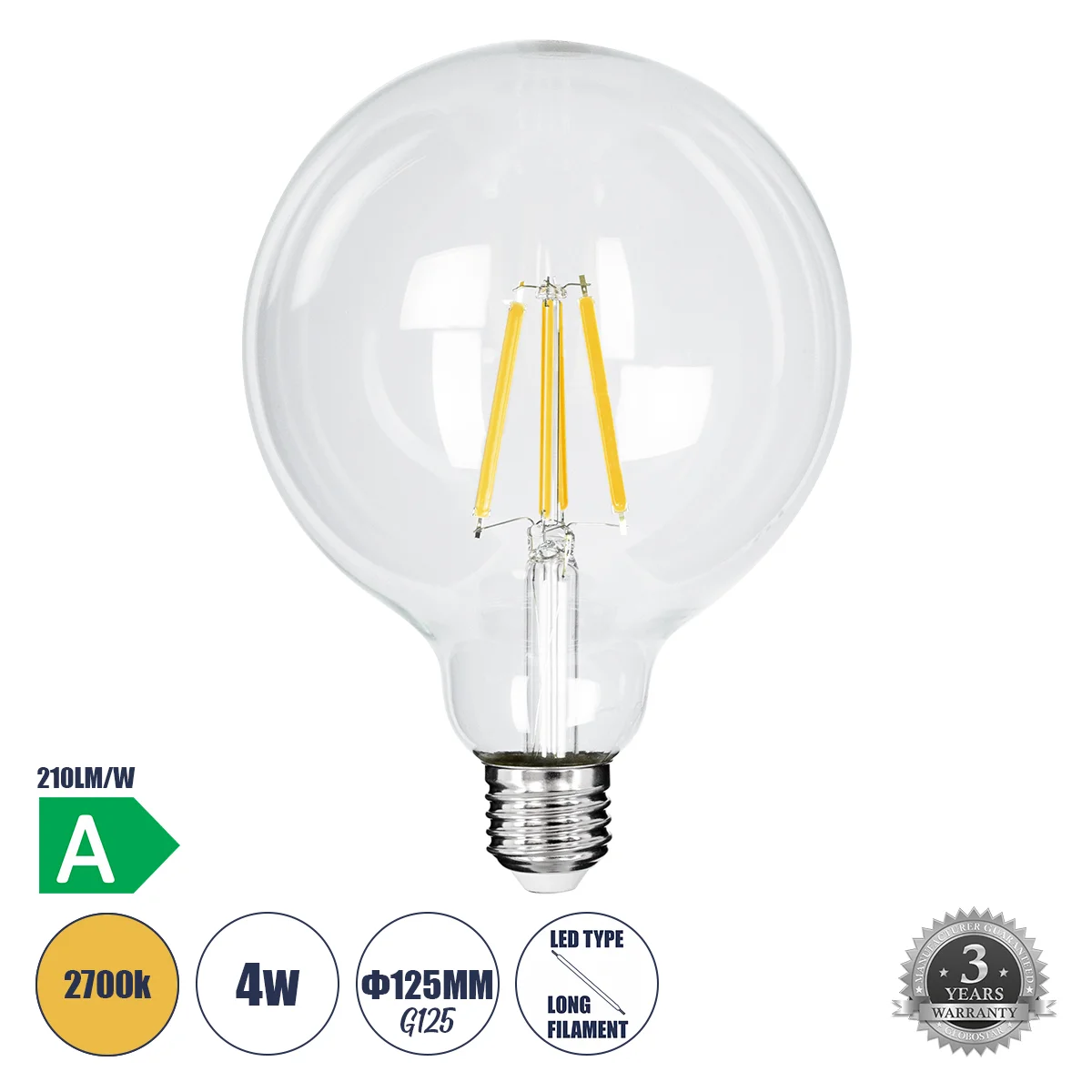 Φωτογραφία προϊόντος: GLOBOSTAR® BUBBLE 99085 Λάμπα E27 G125 LED 4W 840lm 360° AC 220-240V IP20 Θερμό Λευκό 2700K - Long Filament Chip - Διάφανο - Μ12.5 x Π12.5 x Υ13.8cm - 3 Χρόνια Εγγύηση