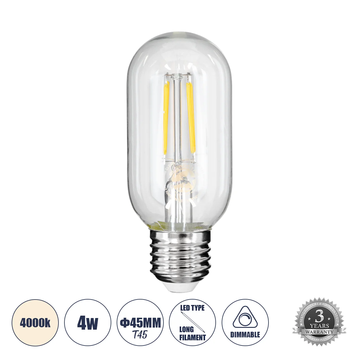 Φωτογραφία προϊόντος: GLOBOSTAR® TUBIS 99057 Λάμπα Σωλήνας E27 T45 LED 4W 440lm 360° AC 220-240V IP20 Φυσικό Λευκό 4500K Dimmable - Long Filament Chip - Διάφανο - Μ4.5 x Π4.5 x Υ11cm - 3 Χρόνια Εγγύηση