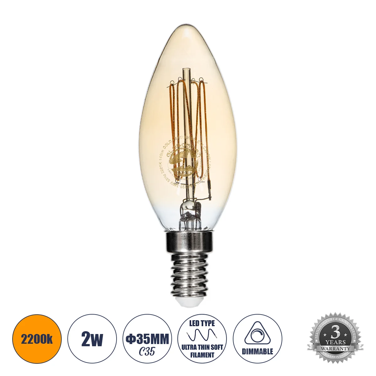 Φωτογραφία προϊόντος: GLOBOSTAR® CANDLE 99058 Λάμπα Κεράκι E14 C35 LED 2W 140lm 360° AC 220-240V IP20 Ultra Θερμό Λευκό 2200K Dimmable - Ultra Thin Soft Spiral Filament Chip - Μελί - Μ3.5 x Π3.5 x Υ10.5