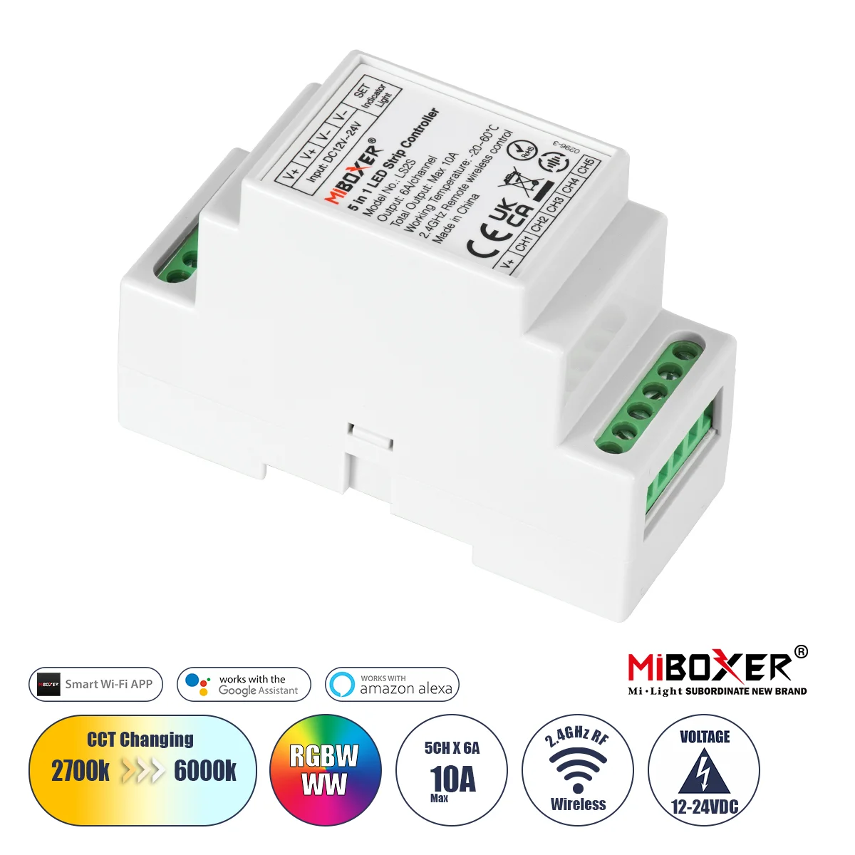 Φωτογραφία προϊόντος: GloboStar® 71415 LS2S Mi-BOXER DC WiFi & RF 2.4Ghz Dimmer High Speed Controller 5 Καναλιών DC 12-24V 5 x 6A 144W - Max 10A 240W - IP20 RGBW+WW - Din Rail Ράγας - Μ9 x Π3.4 x Υ6cm -