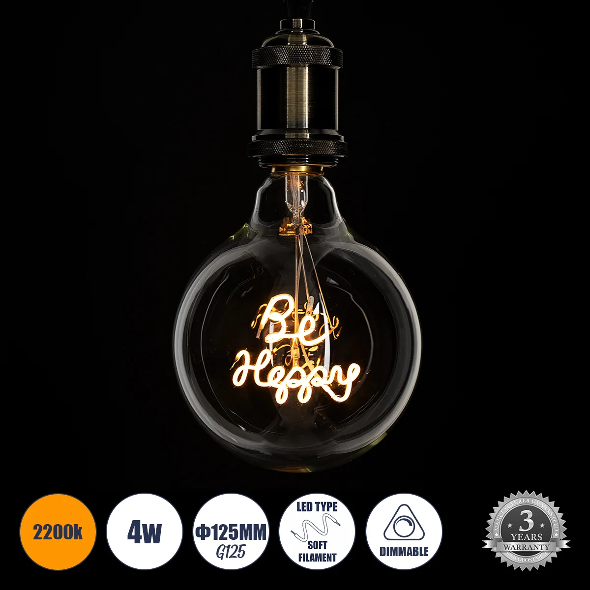 Φωτογραφία προϊόντος: GLOBOSTAR® BE HAPPY 99258 Λάμπα E27 G125 LED 4W 340lm 360° AC 220-240V IP20 Ultra Θερμό Λευκό 2200K Dimmable - Filament Chip - Διάφανο - Μ12.5 x Π12.5 x Υ18cm - 3 Χρόνια Εγγύηση
