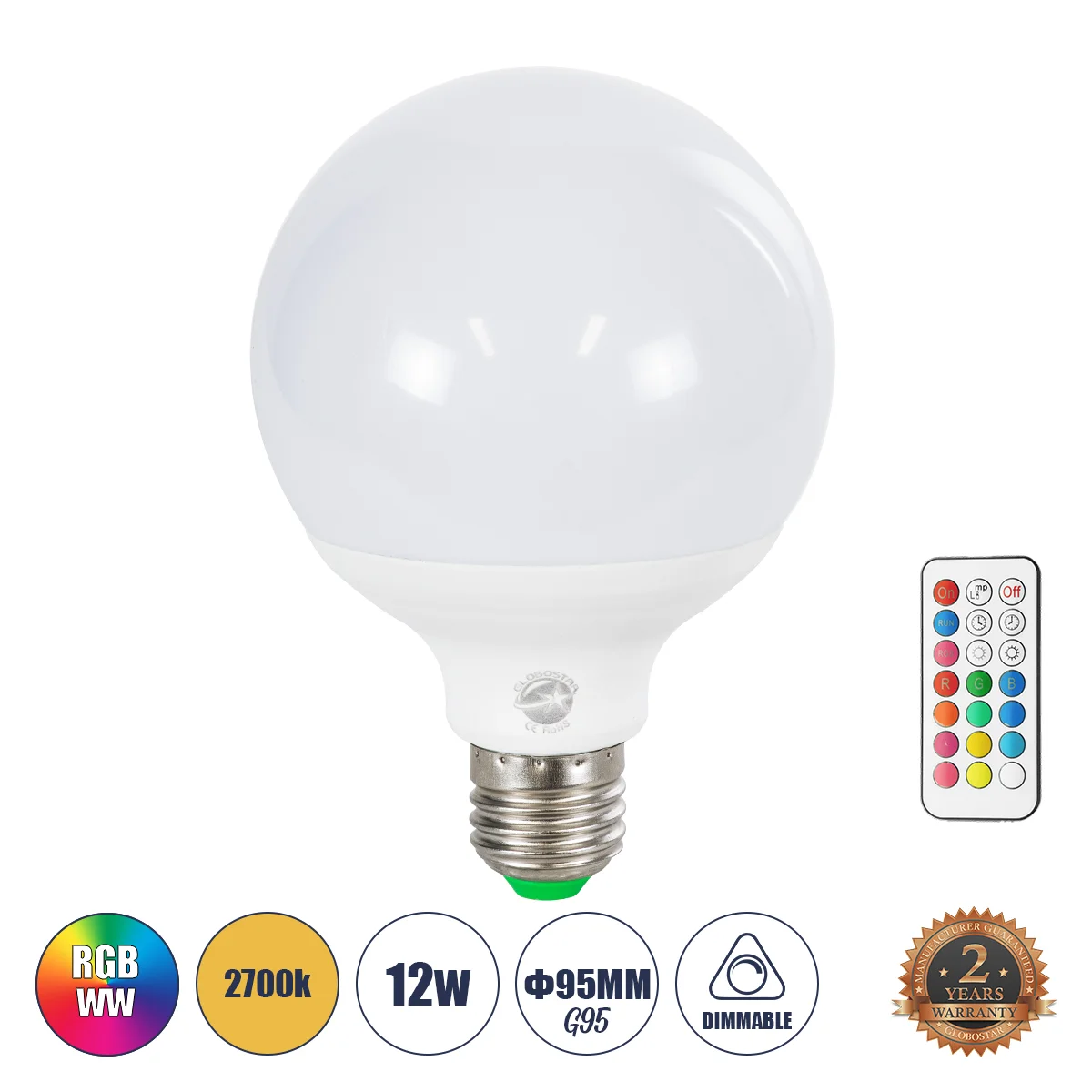 Φωτογραφία προϊόντος: GLOBOSTAR® RGBOO 76071 Λάμπα E27 G95 με IR Ασύρματο Χειριστήριο LED 12W 780lm 260° AC 220-240V IP20 Πολύχρωμο RGB+WW Dimmable - Sanan SMD Chip - Μ9.5 x Π9.5 x Υ14cm - 2 Χρόνια Εγγύ