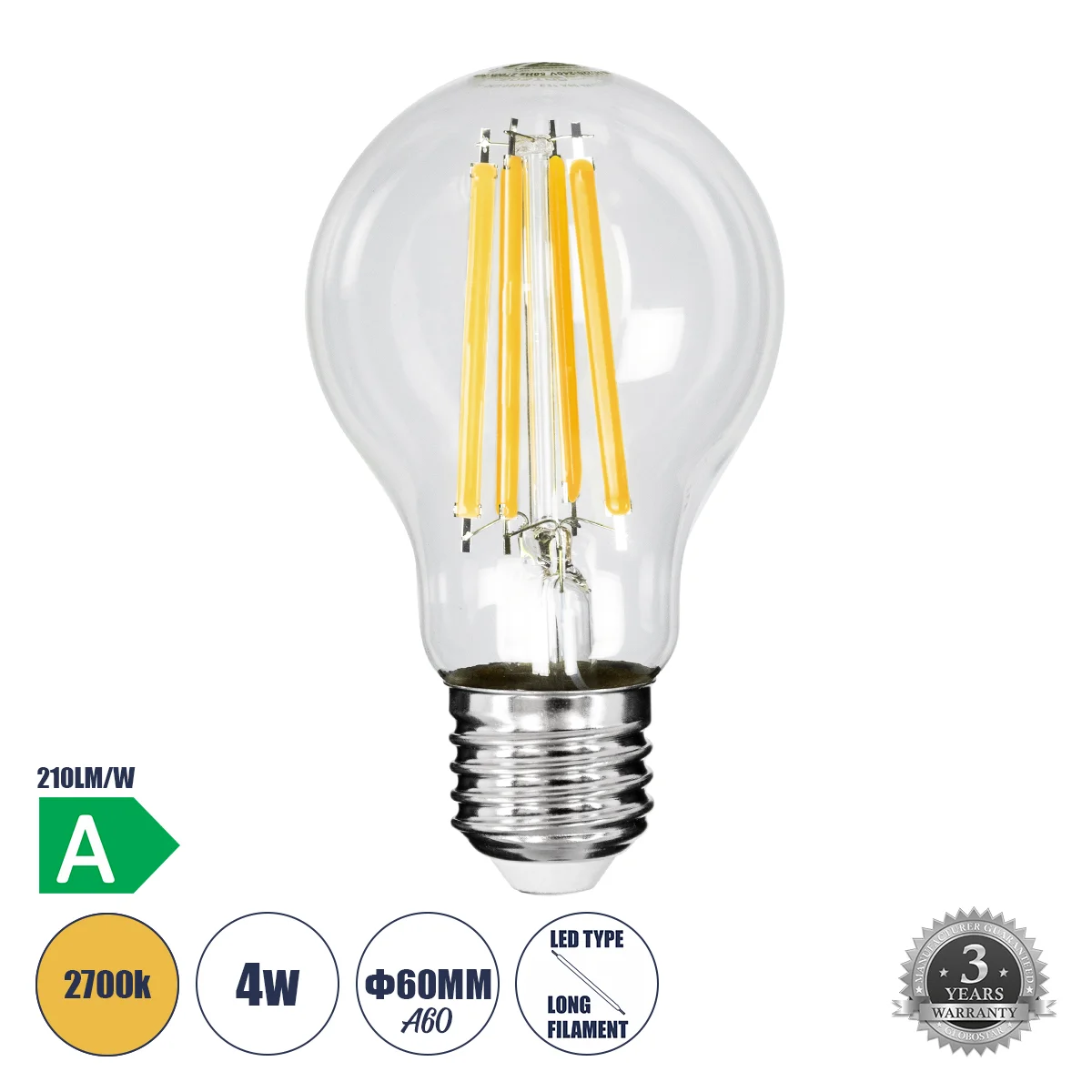 Φωτογραφία προϊόντος: GLOBOSTAR® GLOBE 99083 Λάμπα E27 A60 LED 4W 840lm 360° AC 220-240V IP20 Θερμό Λευκό 2700K - Long Filament Chip - Διάφανο - Μ6 x Π6 x Υ11cm - 3 Χρόνια Εγγύηση
