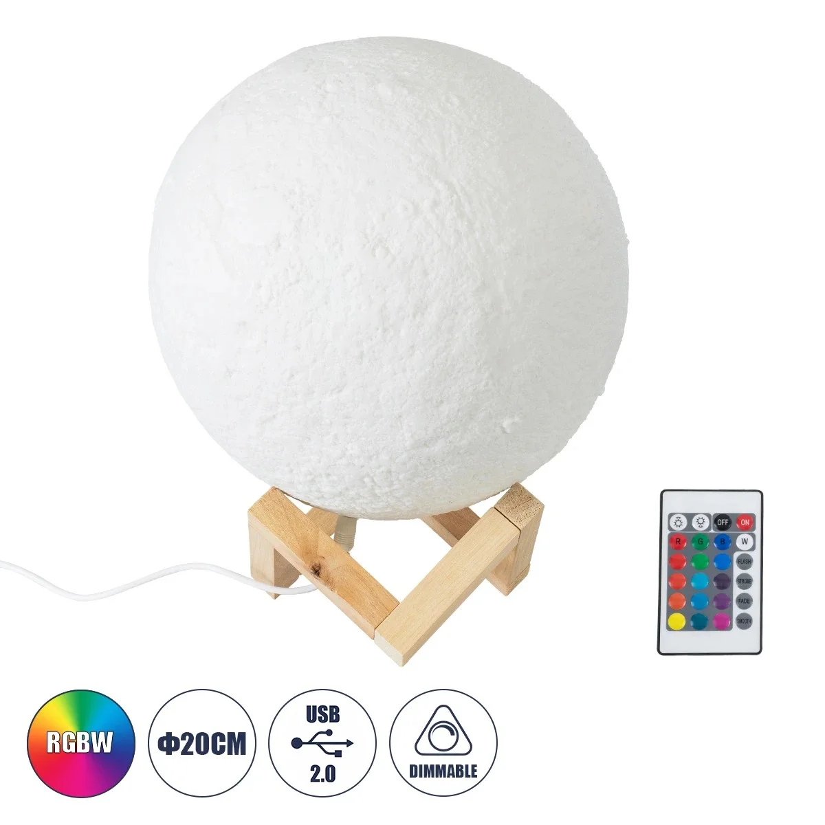 Φωτογραφία προϊόντος: GloboStar® MOON 79607-S Επιτραπέζιο Φωτιστικό LED 3W 150lm 360° DC 5V IP20 RGB Dimmable Λευκό Πλαστικό με Μπεζ Ξύλο - Λειτουργία μόνο σε ρεύμα, χωρίς μπαταρίες - Μ20 x Π20 x Υ23cm