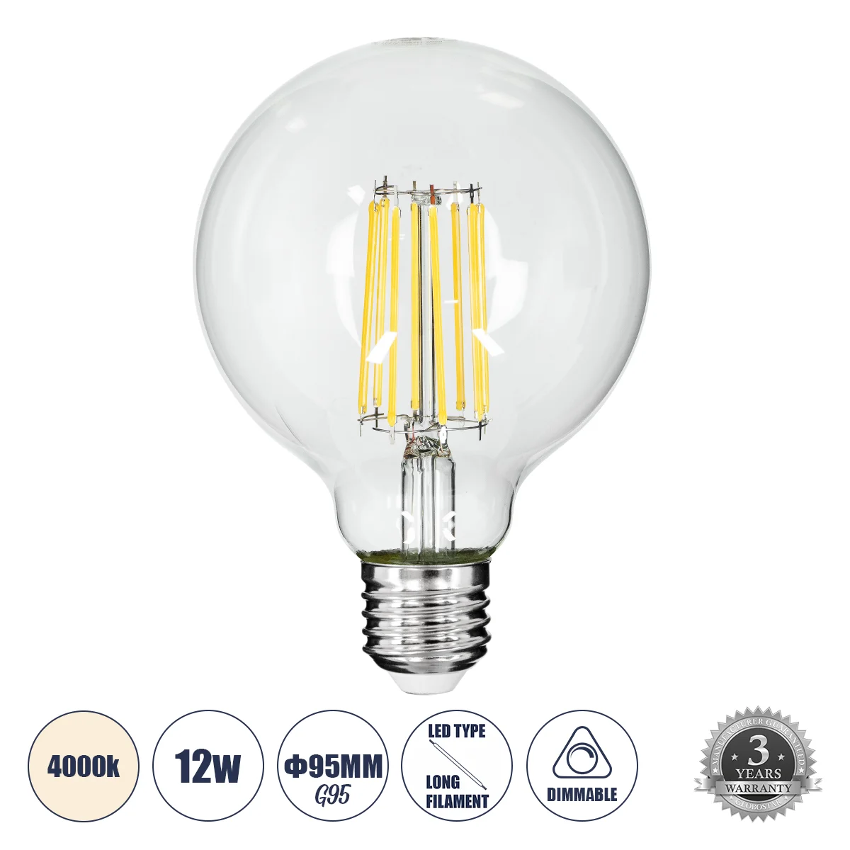 Φωτογραφία προϊόντος: GLOBOSTAR® BUBBLE 99054 Λάμπα E27 G95 LED 12W 1320lm 360° AC 220-240V IP20 Φυσικό Λευκό 4500K Dimmable - Long Filament Chip - Διάφανο - Μ9.5 x Π9.5 x Υ13.5cm - 3 Χρόνια Εγγύηση