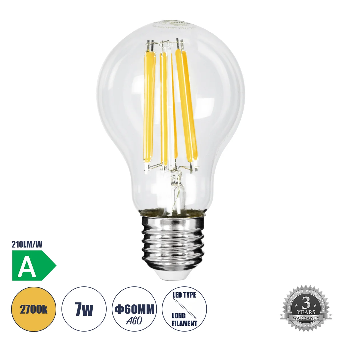 Φωτογραφία προϊόντος: GLOBOSTAR® GLOBE 99087 Λάμπα E27 A60 LED 7W 1470lm 360° AC 220-240V IP20 Θερμό Λευκό 2700K - Long Filament Chip - Διάφανο - Μ6 x Π6 x Υ11cm - 3 Χρόνια Εγγύηση
