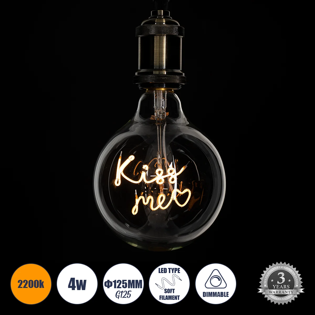 Φωτογραφία προϊόντος: GLOBOSTAR® KISS ME 99257 Λάμπα E27 G125 LED 4W 340lm 360° AC 220-240V IP20 Ultra Θερμό Λευκό 2200K Dimmable - Filament Chip - Διάφανο - Μ12.5 x Π12.5 x Υ18cm - 3 Χρόνια Εγγύηση