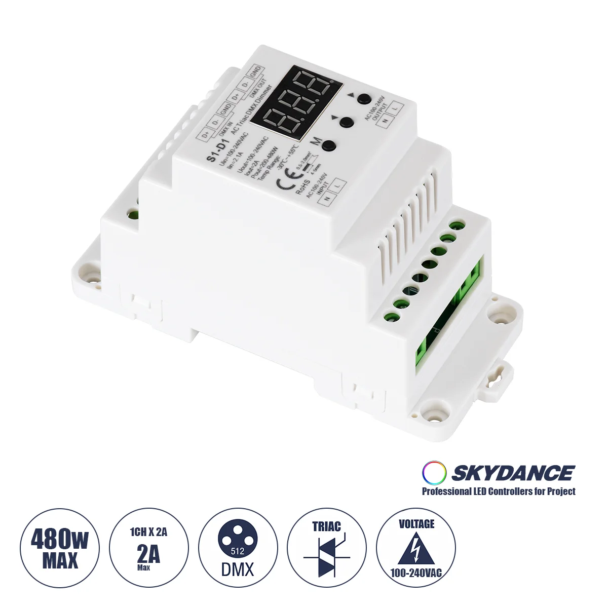 Φωτογραφία προϊόντος: GLOBOSTAR® SKYDANCE-S1-D1 70672 AC Trailing Edge DMX Dimmer Ράγας με 1 x 2A 480W Κανάλι AC 220-240V 2A 480W Max IP20 - DMX512 & RDM - Μ11.5 x Π5 x Υ6.5cm - 5 Χρόνια Εγγύηση