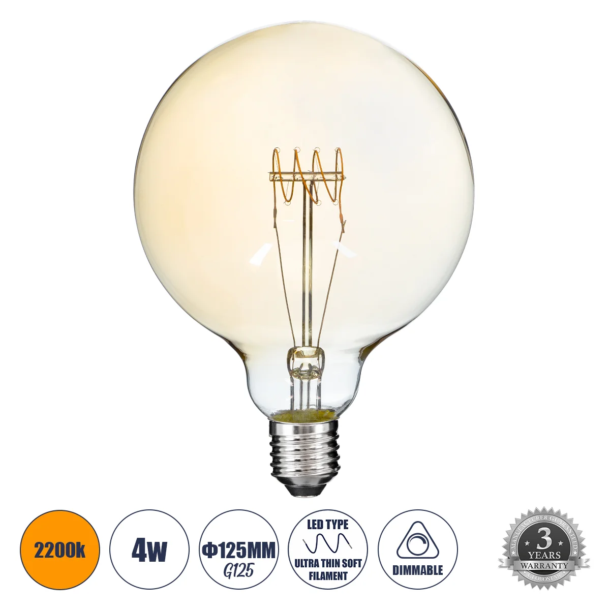 Φωτογραφία προϊόντος: GLOBOSTAR® BUBBLE 99081 Λάμπα E27 G125 LED 4W 280lm 360° AC 220-240V IP20 Ultra Θερμό Λευκό 2200K Dimmable - Ultra Thin Soft T Spiral Filament Chip - Μελί - Μ12.5 x Π12.5 x Υ18cm -