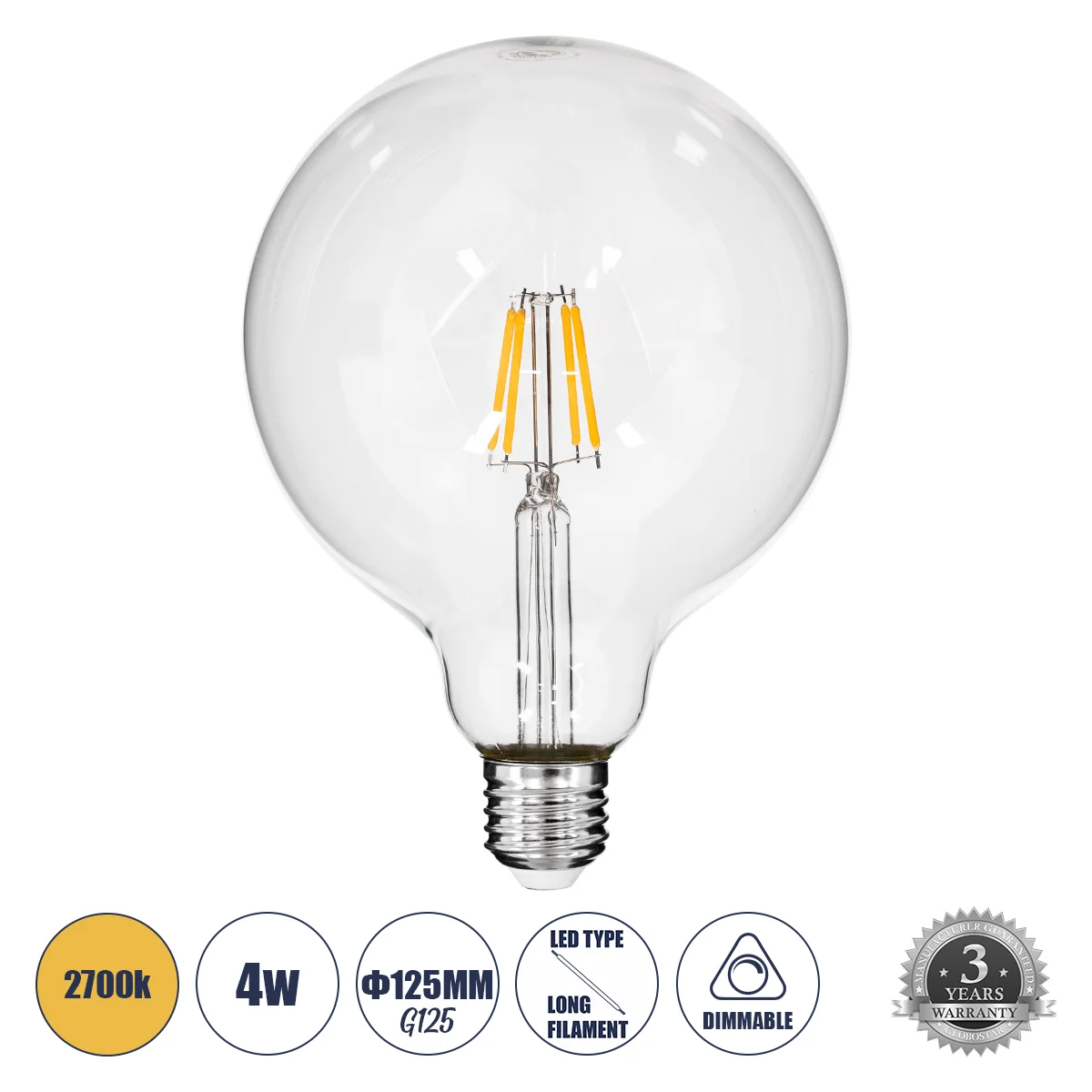 Φωτογραφία προϊόντος: GLOBOSTAR® BUBBLE 99012 Λάμπα E27 G125 LED 4W 400lm 360° AC 220-240V IP20 Θερμό Λευκό 2700K Dimmable - Long Filament Chip - Διάφανο - Μ12.5 x Π12.5 x Υ18cm - 3 Χρόνια Εγγύηση