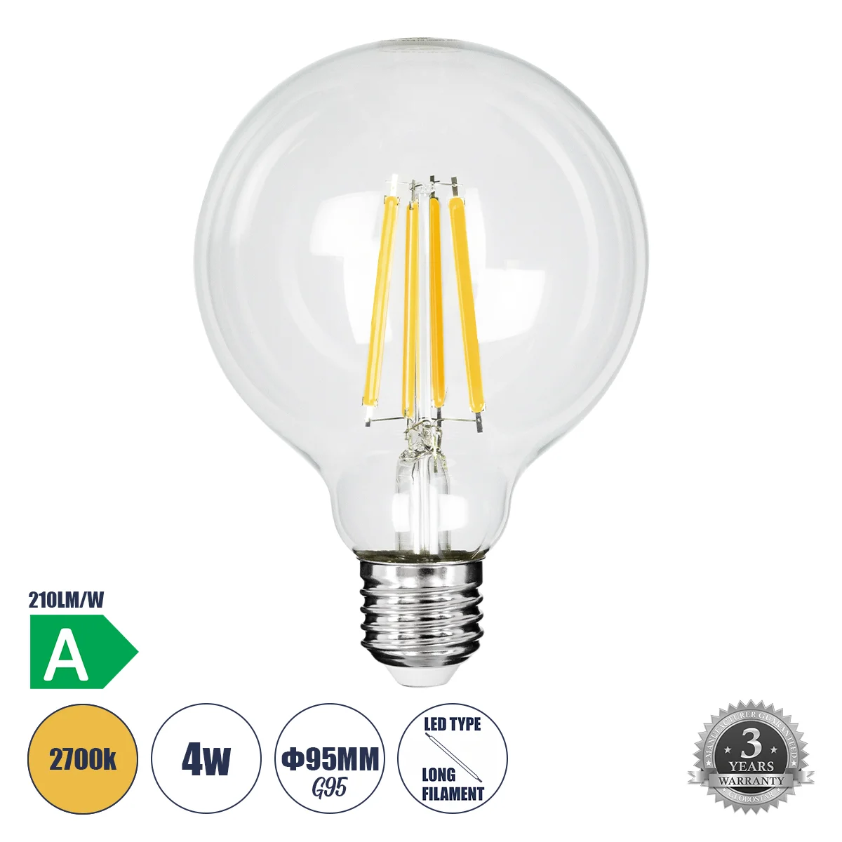 Φωτογραφία προϊόντος: GLOBOSTAR® BUBBLE 99084 Λάμπα E27 G95 LED 4W 840lm 360° AC 220-240V IP20 Θερμό Λευκό 2700K - Long Filament Chip - Διάφανο - Μ9.5 x Π9.5 x Υ13.8cm - 3 Χρόνια Εγγύηση