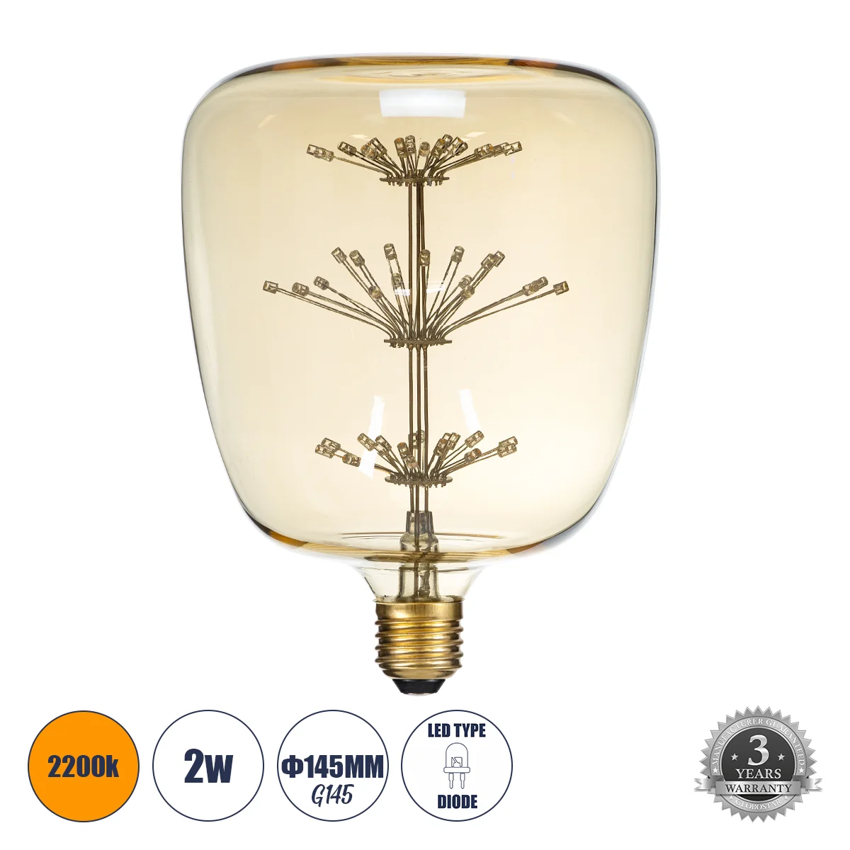 Φωτογραφία προϊόντος: GLOBOSTAR® BARREL 99209 Λάμπα E27 G145 LED 1.6W 140lm 360° AC 220-240V IP20 Ultra Θερμό Λευκό 2200K - Diode HP Filament Chip - Μελί - Μ14.5 x Π14.5 x Υ19cm - 3 Χρόνια Εγγύηση