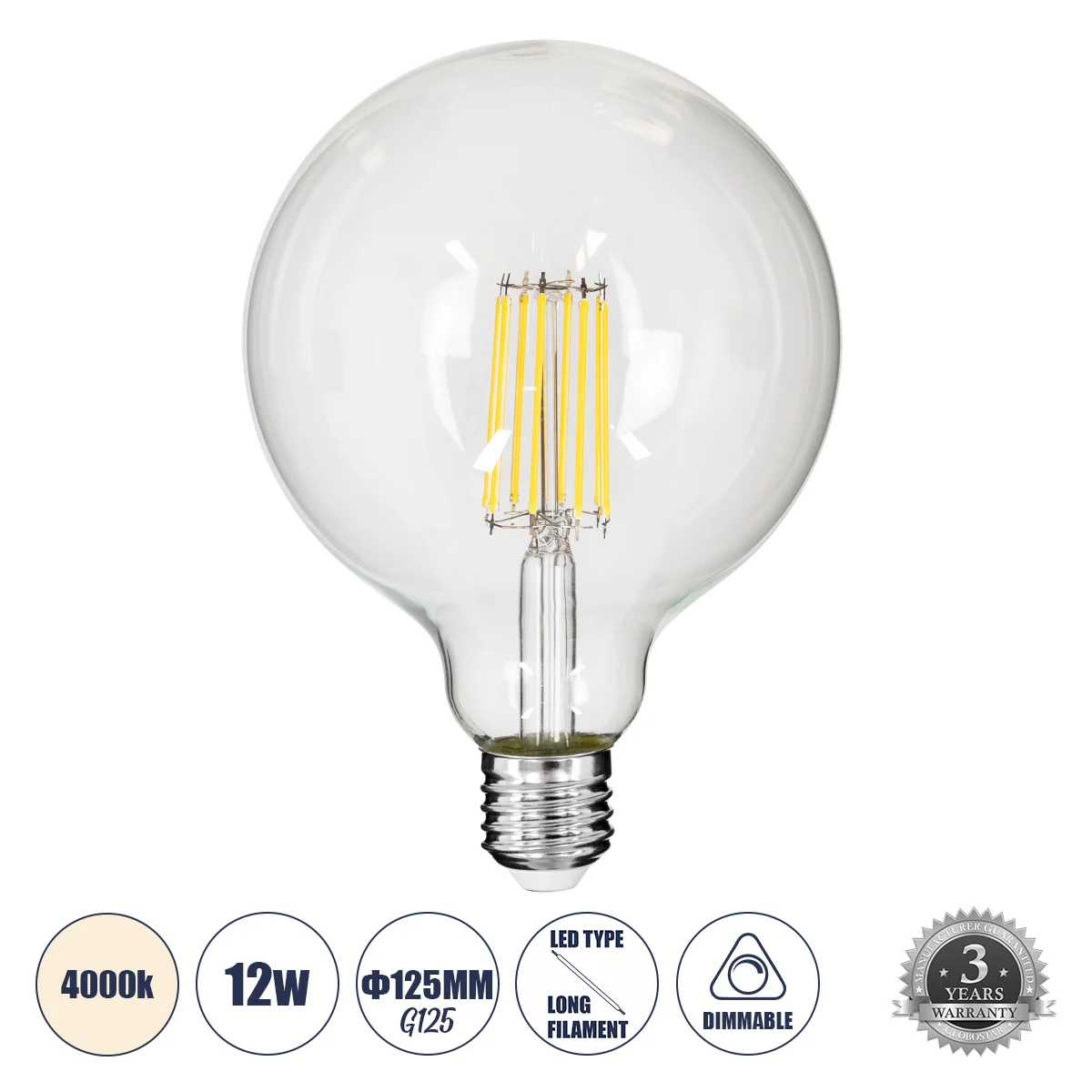Φωτογραφία προϊόντος: GLOBOSTAR® BUBBLE 99055 Λάμπα E27 G125 LED 12W 1320lm 360° AC 220-240V IP20 Φυσικό Λευκό 4500K Dimmable - Long Filament Chip - Διάφανο - Μ12.5 x Π12.5 x Υ18cm - 3 Χρόνια Εγγύηση