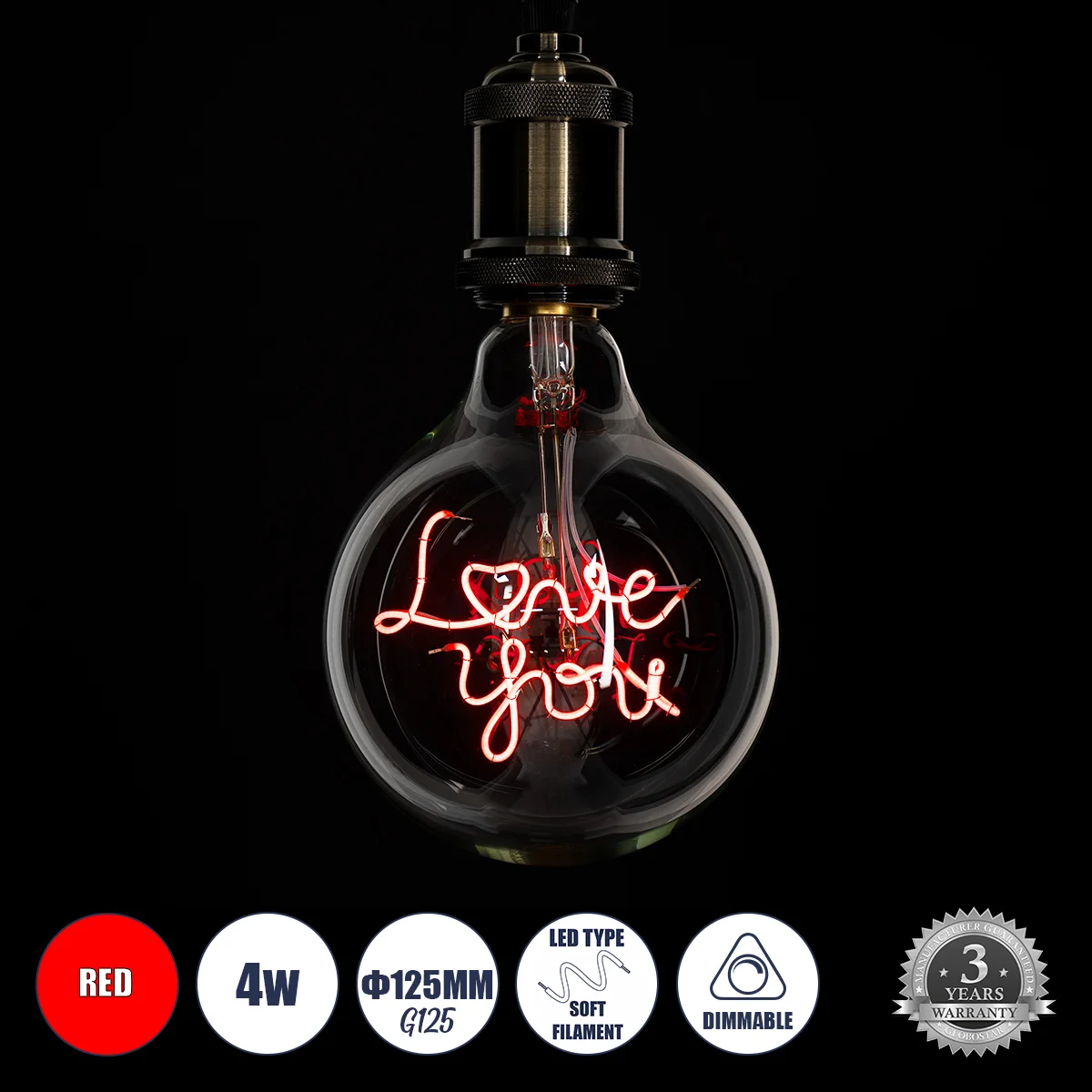 Φωτογραφία προϊόντος: GLOBOSTAR® LOVE YOU 99260 Λάμπα E27 G125 LED 4W 340lm 360° AC 220-240V IP20 Κόκκινο Dimmable - Filament Chip - Διάφανο - Μ12.5 x Π12.5 x Υ18cm - 3 Χρόνια Εγγύηση