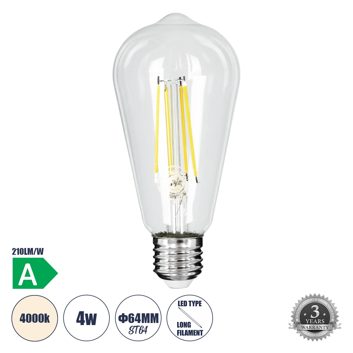 Φωτογραφία προϊόντος: GLOBOSTAR® PEAR 99094 Λάμπα E27 ST64 LED 4W 840lm 360° AC 220-240V IP20 Φυσικό Λευκό 4500K - Long Filament Chip - Διάφανο - Μ6.4 x Π6.4 x Υ14.5cm - 3 Χρόνια Εγγύηση