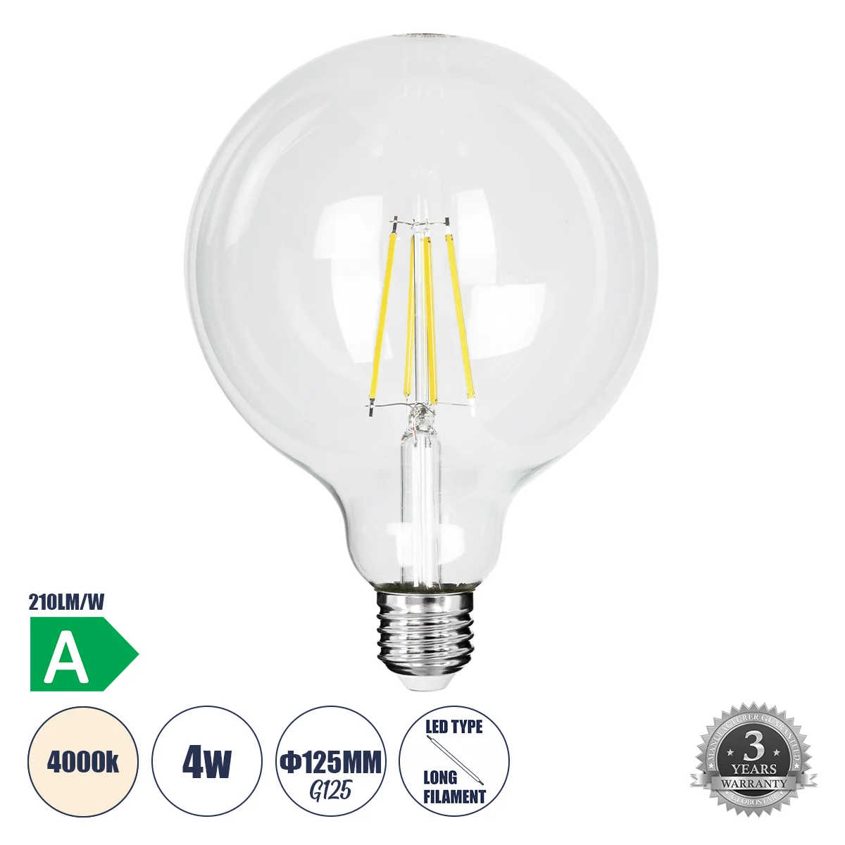 Φωτογραφία προϊόντος: GLOBOSTAR® BUBBLE 99093 Λάμπα E27 G125 LED 4W 840lm 360° AC 220-240V IP20 Φυσικό Λευκό 4500K - Long Filament Chip - Διάφανο - Μ12.5 x Π12.5 x Υ13.8cm - 3 Χρόνια Εγγύηση