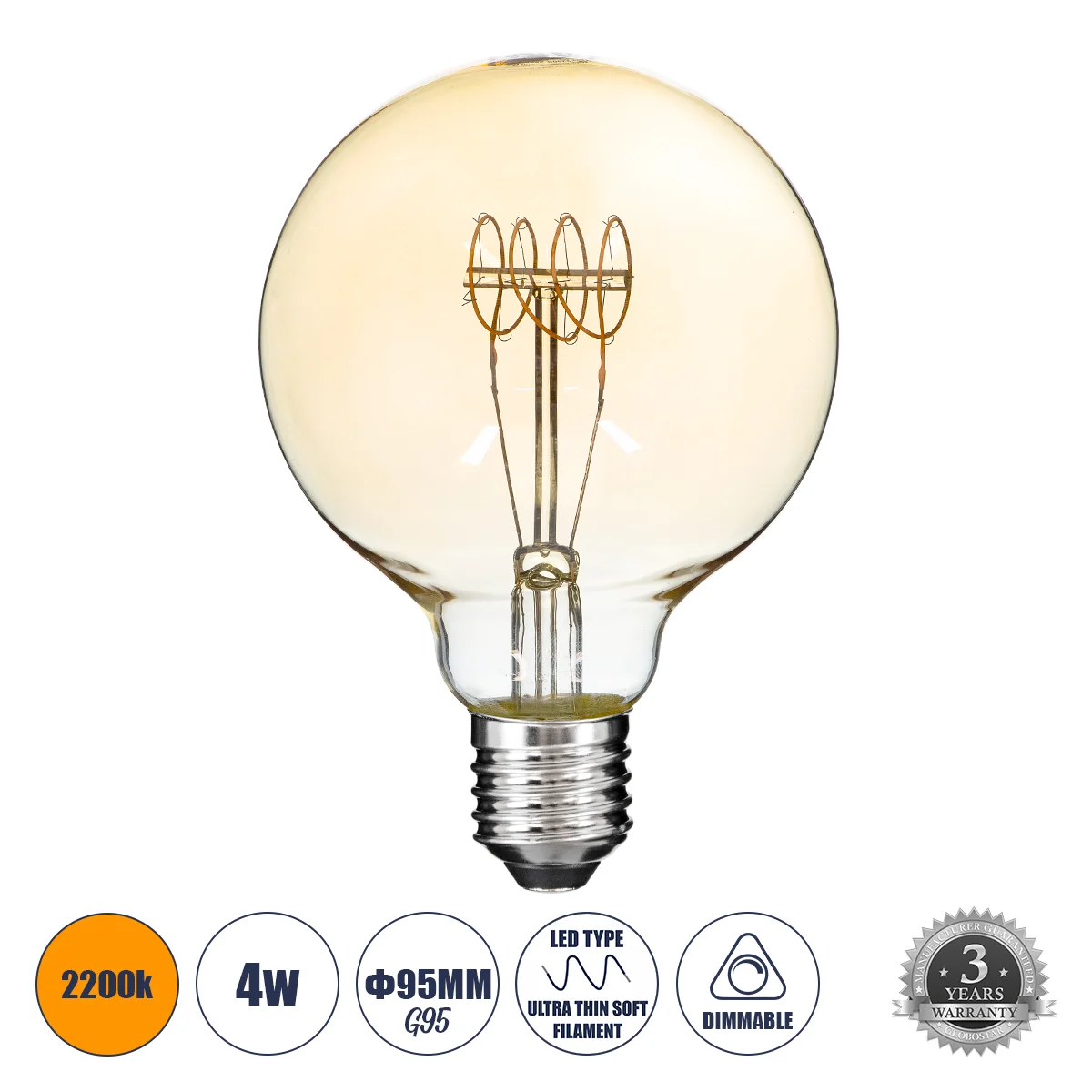 Φωτογραφία προϊόντος: GLOBOSTAR® BUBBLE 99060 Λάμπα E27 G95 LED 4W 280lm 360° AC 220-240V IP20 Ultra Θερμό Λευκό 2200K Dimmable - Ultra Thin Soft Τ Spiral Filament Chip - Μελί - Μ9.5 x Π9.5 x Υ13.5cm -