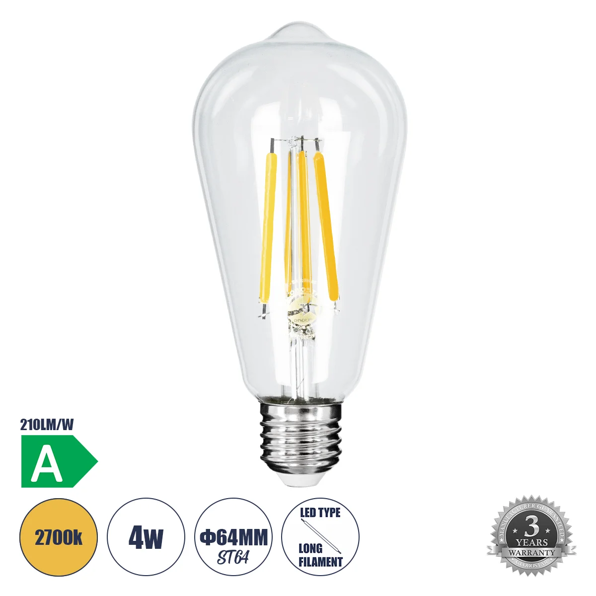 Φωτογραφία προϊόντος: GLOBOSTAR® PEAR 99086 Λάμπα E27 ST64 LED 4W 840lm 360° AC 220-240V IP20 Θερμό Λευκό 2700K - Long Filament Chip - Διάφανο - Μ6.4 x Π6.4 x Υ14.5cm - 3 Χρόνια Εγγύηση