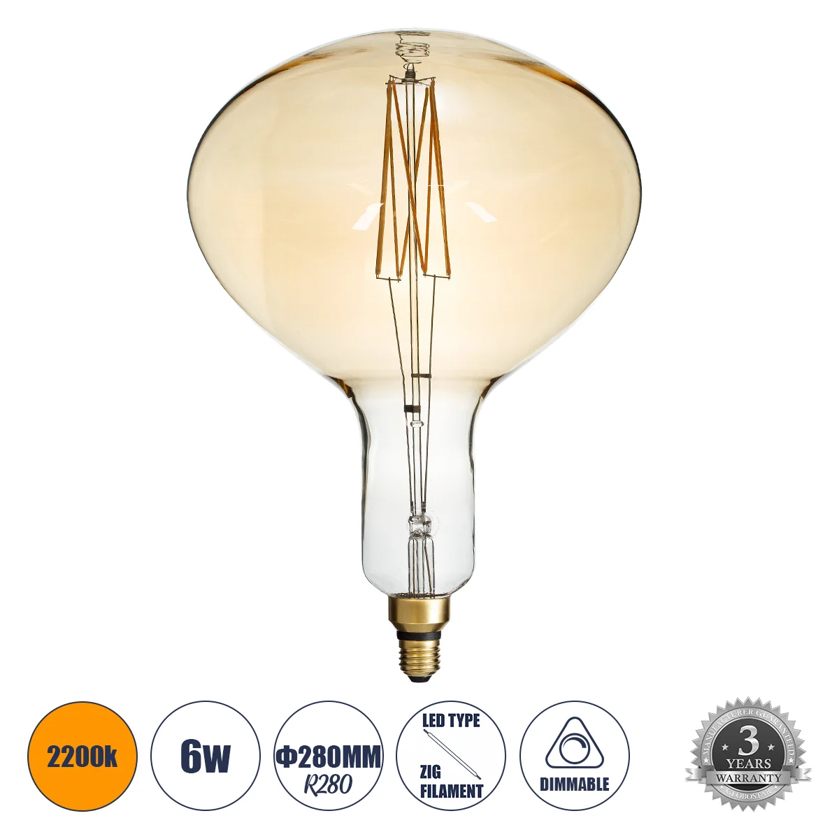 Φωτογραφία προϊόντος: GLOBOSTAR® BUTTERNUT 99027 Λάμπα E27 R280 LED 6W 420lm 360° AC 220-240V IP20 Ultra Θερμό Λευκό 2200K Dimmable - Zig Long Filament Chip - Μελί - Μ28 x Π28 x Υ41cm - 3 Χρόνια Εγγύηση