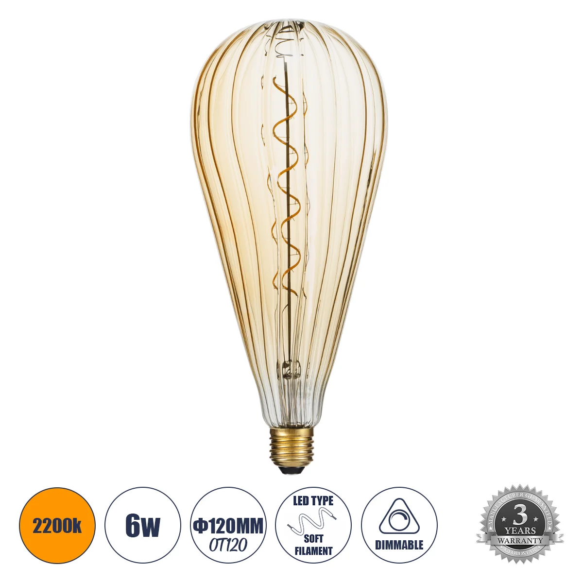 Φωτογραφία προϊόντος: GLOBOSTAR® ZEPPELIN 99024 Λάμπα E27 OT120 LED 6W 420lm 360° AC 220-240V IP20 Ultra Θερμό Λευκό 2200K Dimmable - Soft S Spiral Filament Chip - Μελί - Μ12 x Π12 x Υ46cm - 3 Χρόνια Εγ
