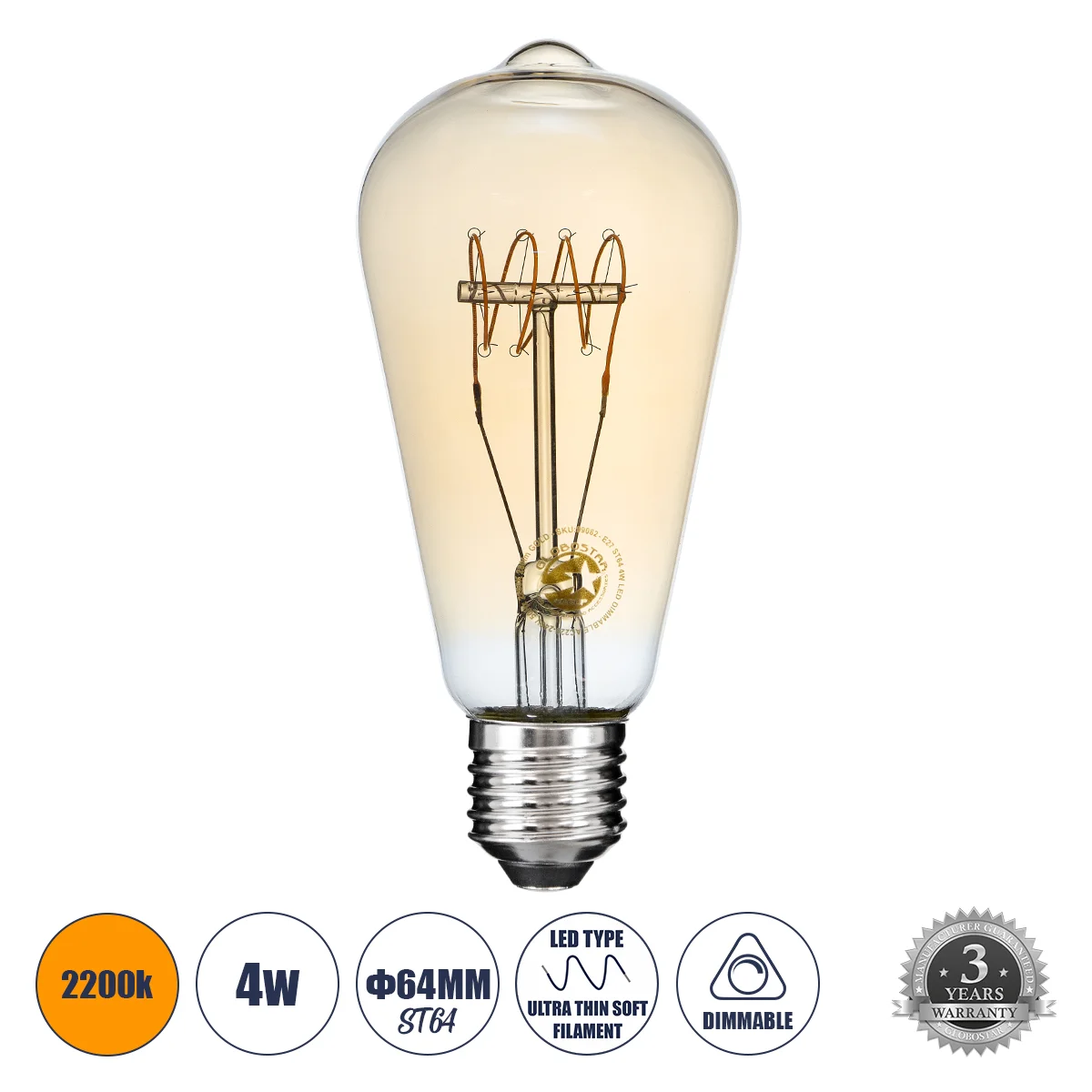 Φωτογραφία προϊόντος: GLOBOSTAR® PEAR 99082 Λάμπα E27 ST64 LED 4W 280lm 360° AC 220-240V IP20 Ultra Θερμό Λευκό 2200K Dimmable - Ultra Thin Soft T Spiral Filament Chip - Μελί - Μ6.4 x Π6.4 x Υ14cm - 3 Χ