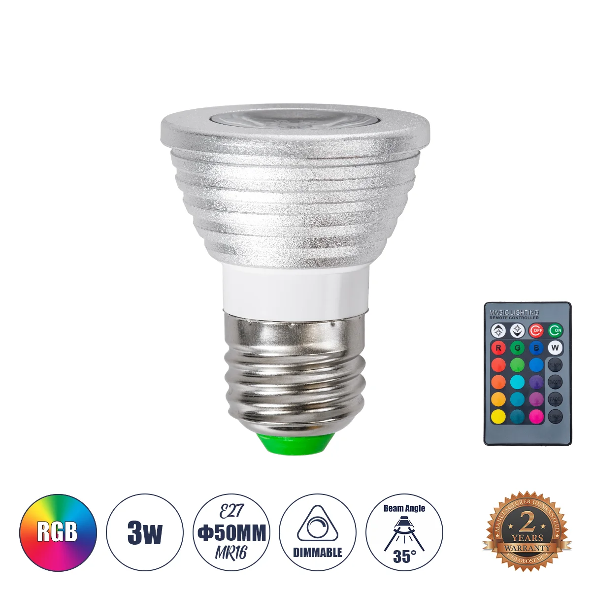 Φωτογραφία προϊόντος: GloboStar® 76066 Σποτ LED E27 MR16 3W 200lm 35° AC 220-240V IP20 Φ5 x Υ8.5cm - Εναλλαγή Φωτισμού μέσω Τηλεχειριστηρίου RGB - Dimmable - 2 Χρόνια Εγγύηση