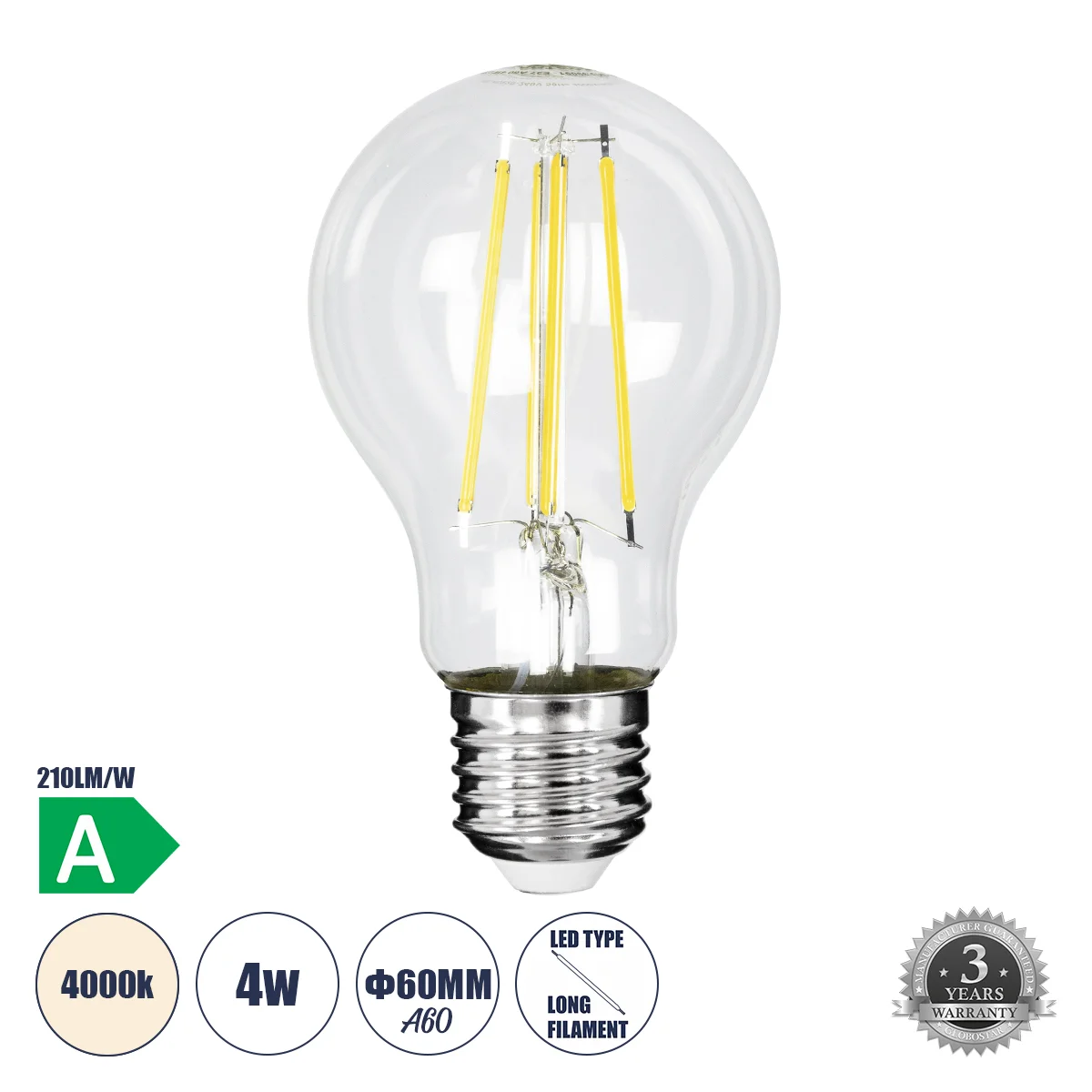 Φωτογραφία προϊόντος: GLOBOSTAR® GLOBE 99091 Λάμπα E27 A60 LED 4W 840lm 360° AC 220-240V IP20 Φυσικό Λευκό 4500K - Long Filament Chip - Διάφανο - Μ6 x Π6 x Υ11cm - 3 Χρόνια Εγγύηση