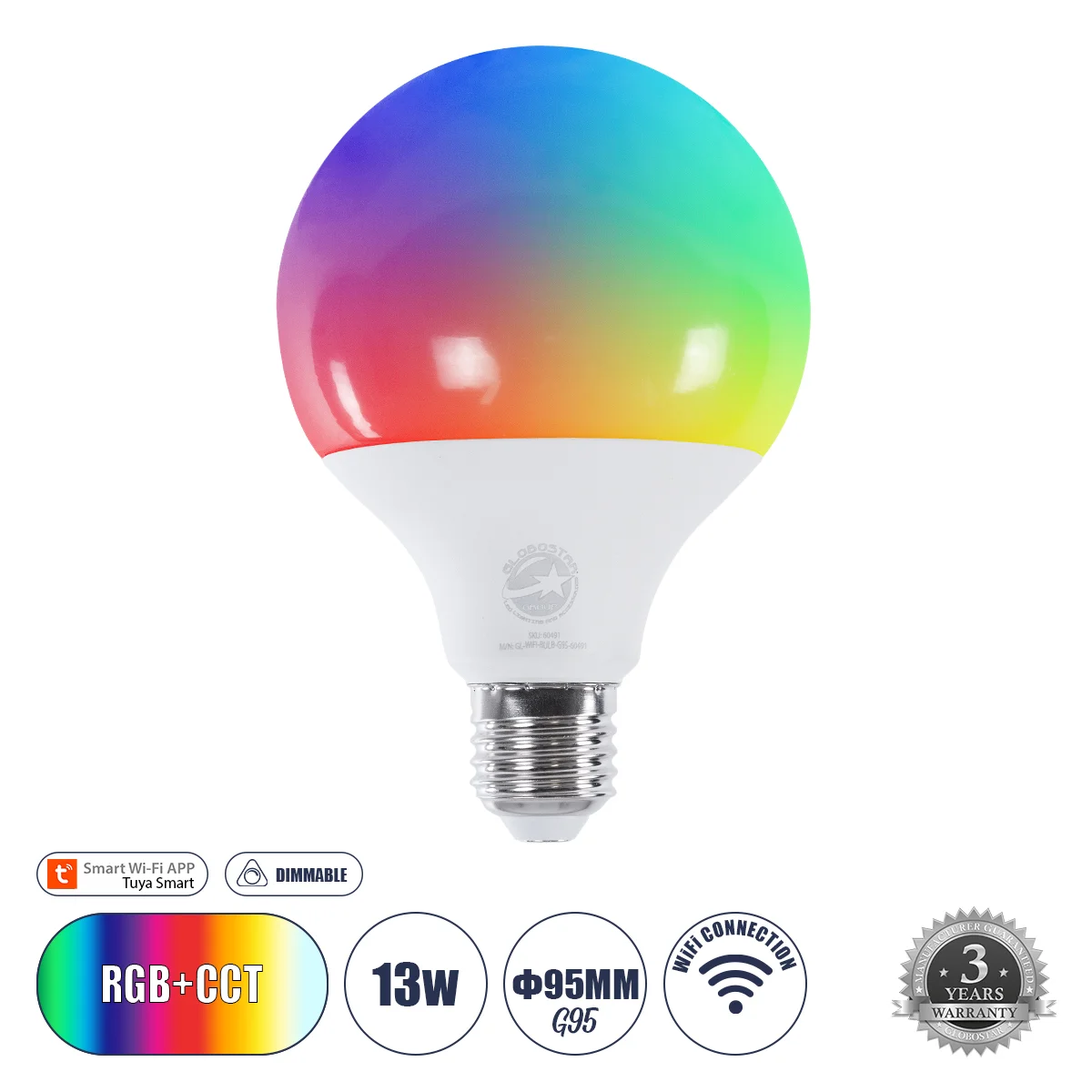 Φωτογραφία προϊόντος: GLOBOSTAR® SMARTME 60491 Λάμπα E27 G95 Smart Home WiFi με Λειτουργία μέσω Tuya APP LED 13W 1300lm 260° AC 220-240V IP20 Πολύχρωμο RGBW+WW Dimmable - Bridgelux Chip - Μ9.5 x Π9.5 x
