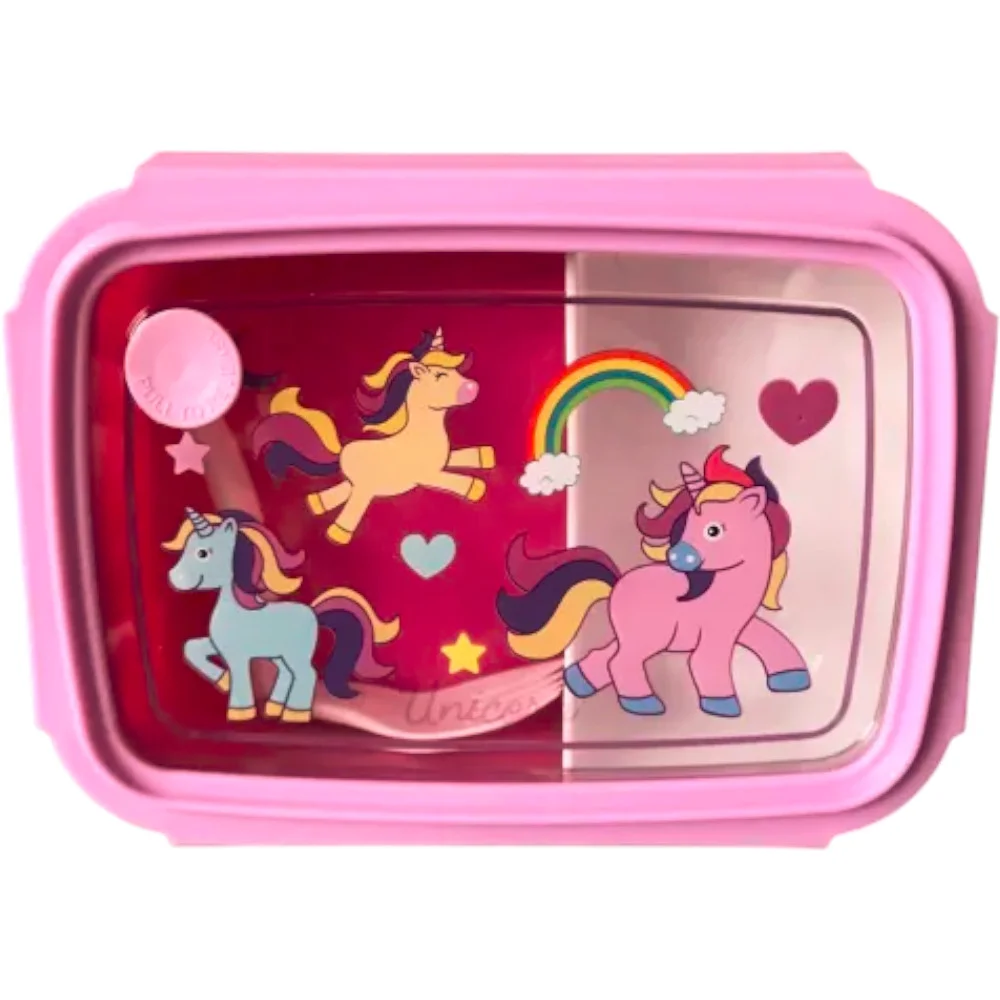Φωτογραφία προϊόντος: Pink Unicorns Παιδικό Φαγητοδοχείο 880ml με χώρισμα & σπαστό spork