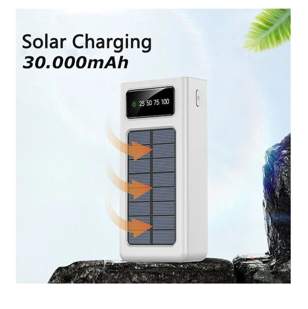 Φωτογραφία προϊόντος: OEM Ηλιακό Powerbank 4 εξόδων 30000 mAh με καλώδια εξόδου και ενσωματωμένο φακό TR-957-3W Λευκό