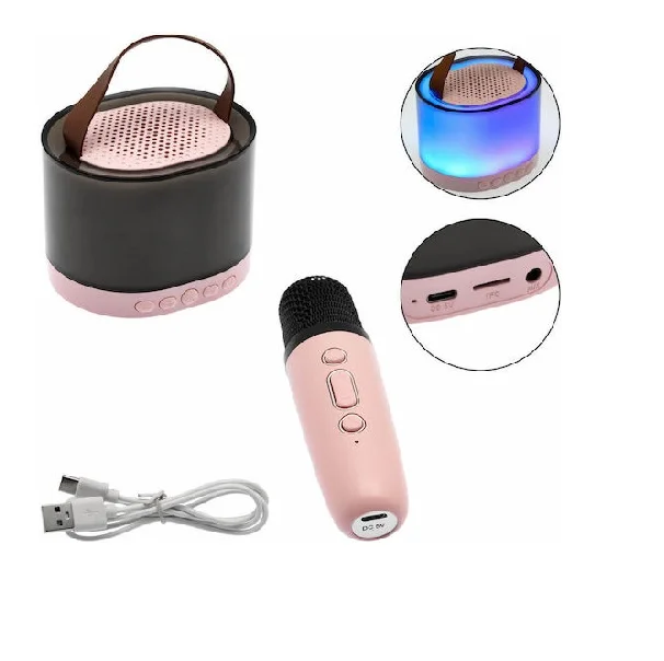 Φωτογραφία προϊόντος: OEM Ασύρματο Bluetooth Φορητό Ηχείο και Karaoke 5W με Μικρόφωνο, Θύρες TF/AUX και RGB Φωτισμό Γκρι-Ροζ K52 -ee10050