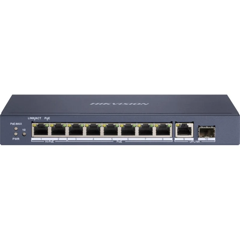 Φωτογραφία προϊόντος: Hikvision DS-3E0510HP-E Hi-PoE Switch με 2 θύρες Hi-PoE, 6 θύρες PoE Gigabit, 1 θύρα Uplink Gigabit, 1 θύρα οπτικής ίνας Gigabit