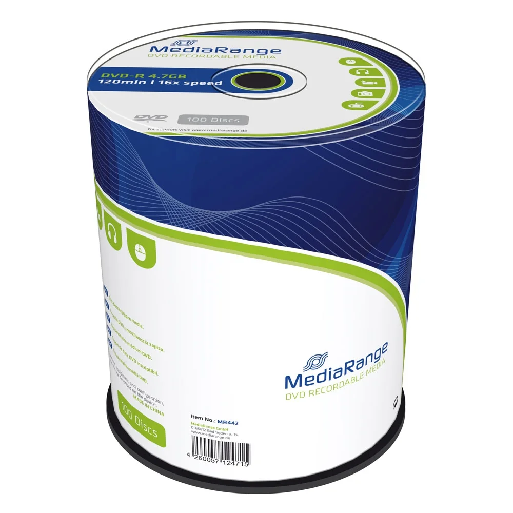 Φωτογραφία προϊόντος: MediaRange DVD-R 120' 4.7GB 16x Cake Box x 100 (MR442)