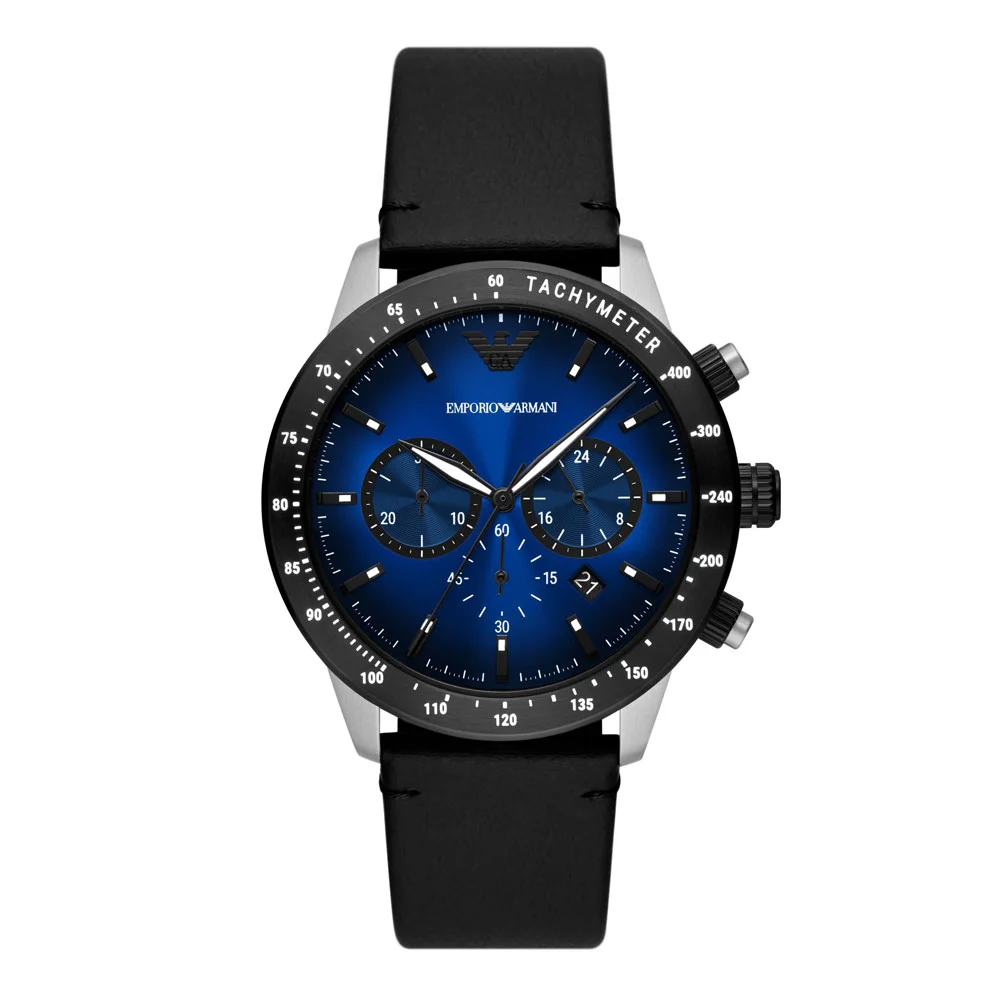 Φωτογραφία προϊόντος: EMPORIO ARMANI Mario Chronograph Silver case with Black Leather Strap AR11522
