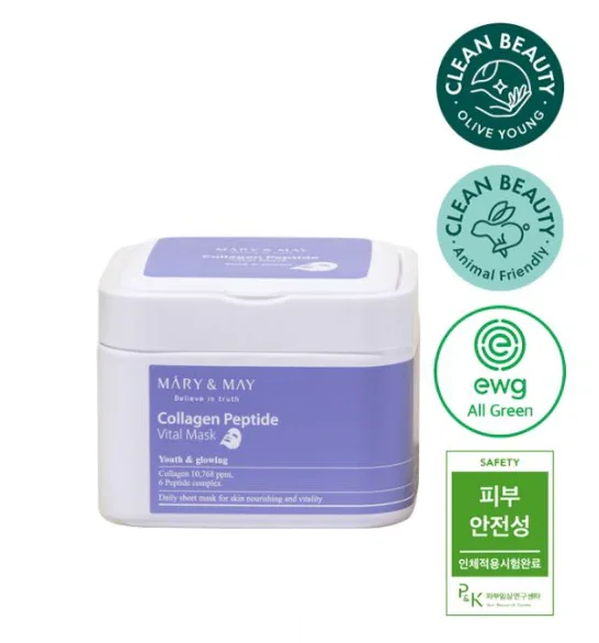 Φωτογραφία προϊόντος: Mary +amp; May Collagen Peptide Vital Mask Pack για βελτίωση των ρυτίδων (30 Sheets Masks)