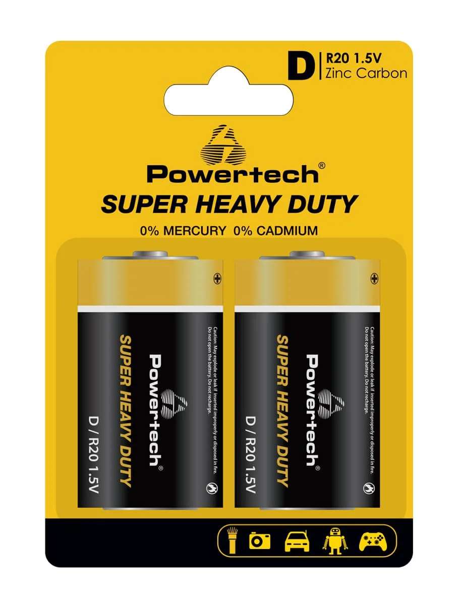 Φωτογραφία προϊόντος: POWERTECH μπαταρίες Zinc Carbon Super Heavy Duty PT-1222, R20 1.5V, 2τμχ