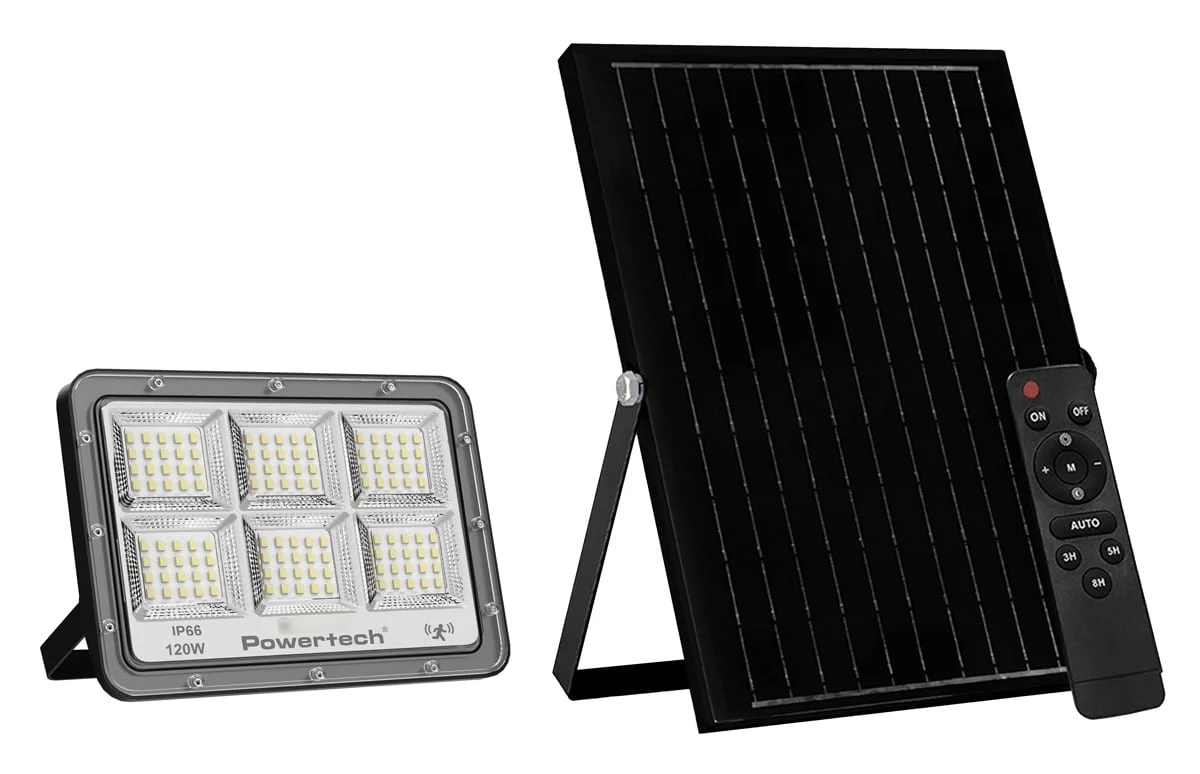 Φωτογραφία προϊόντος: POWERTECH LED ηλιακός προβολέας PT-1457 με τηλεχειριστήριο, αισθητήρας κίνησης, 120W, 4000K, 1500lm, IP66