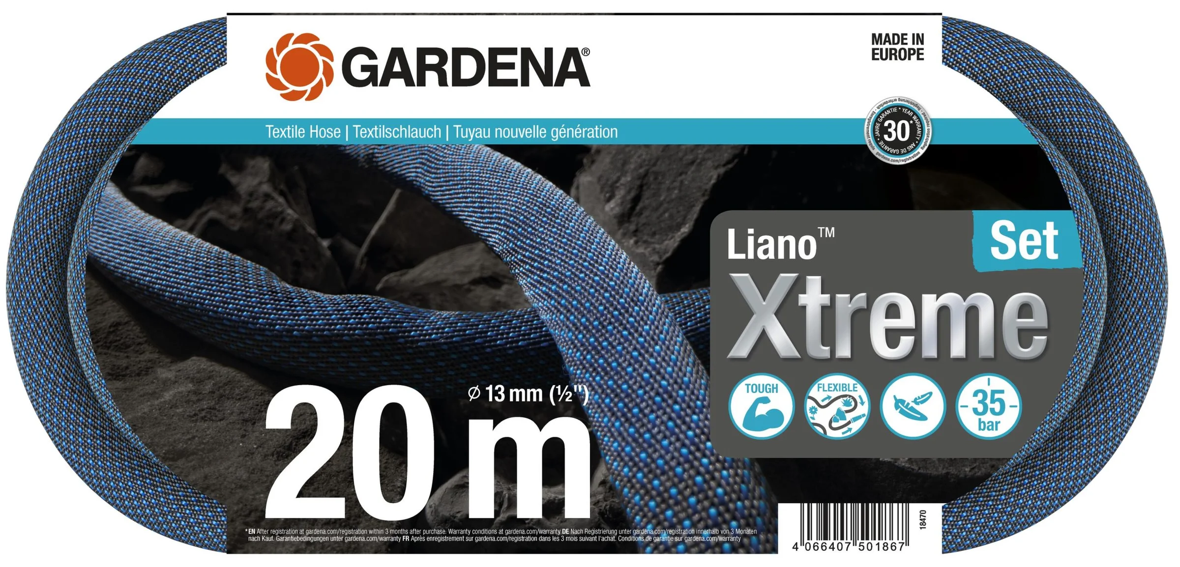 Φωτογραφία προϊόντος: 18470-20 Λάστιχο Gardena Υφασμάτινο Liano Xtreme 1/2"- 20m Σετ με ακροφύσιο + συνδέσμους