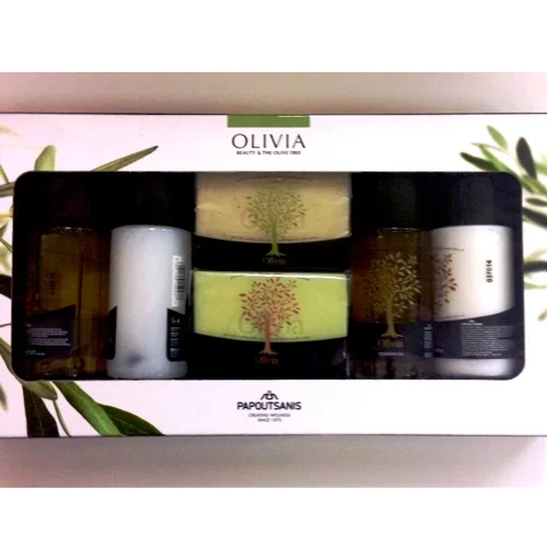 Φωτογραφία προϊόντος: Olivia Travel Size Gift Set Συσκευασία Δώρου με Σαμπουάν , Hair Conditioner , Αφρόλουτρο και Γαλάκτωμα σώματος (όλα 60mL) ένα φυτικό σαπούνι απολέπισης 43gr και ένα σαπούνι προσώπο