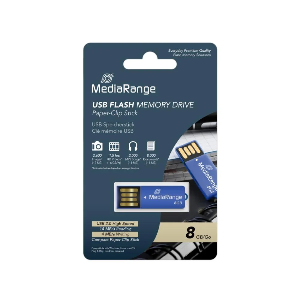 Φωτογραφία προϊόντος: MR SSD & USB FLASH DRIVES & MEMORY CARDS MediaRange USB 2.0 Nano Flash Drive Paper-clip stick 8GB (Blue) (MR975)