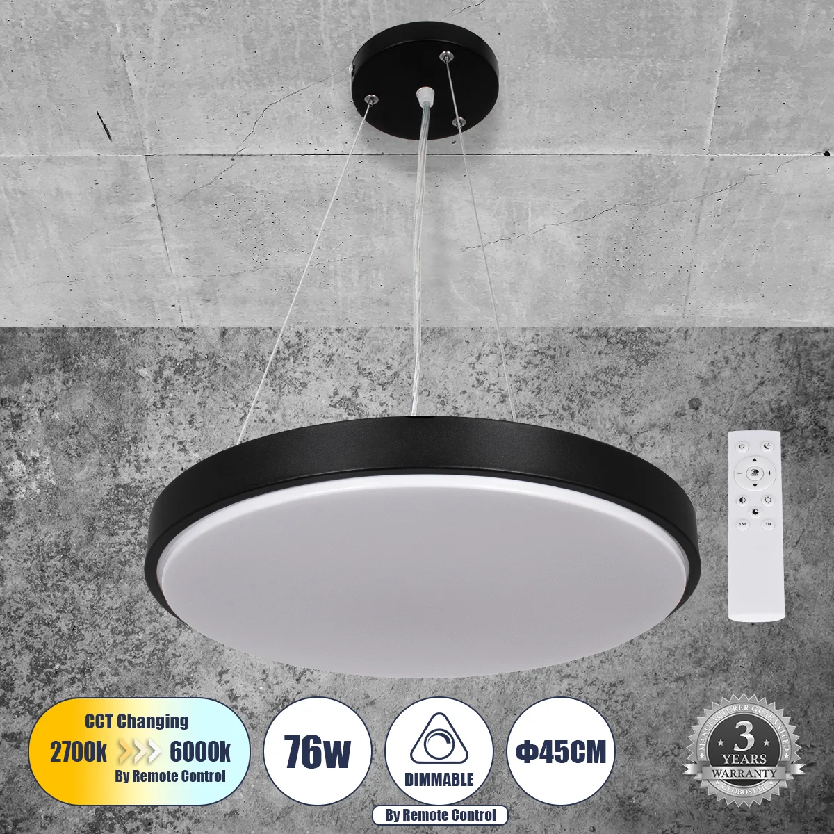 Φωτογραφία προϊόντος: GLOBOSTAR® CASPER 61019 Μοντέρνο Κρεμαστό Φωτιστικό Οροφής LED 76W 8372lm 120° AC 220-240V IP20 Ρυθμιζόμενο Λευκό CCT με Χειριστήριο από 2700K έως 6000K Dimmable - Lumileds SMD Chi