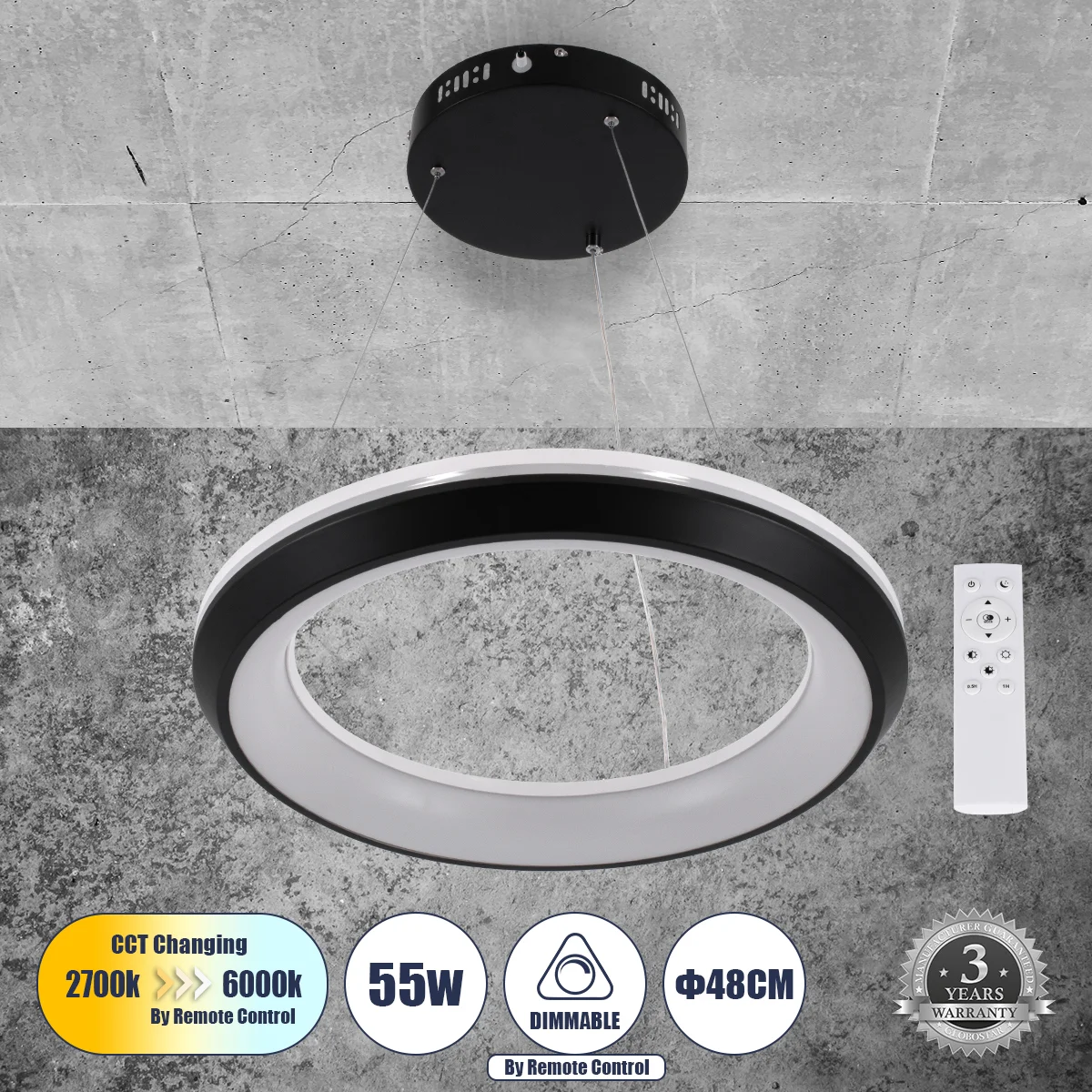 Φωτογραφία προϊόντος: GLOBOSTAR® MELINA 61043 Μοντέρνο Κρεμαστό Φωτιστικό Οροφής LED 55W 6376lm 120° AC 220-240V IP20 Ρυθμιζόμενο Λευκό CCT με Χειριστήριο από 2700K έως 6000K Dimmable - Lumileds SMD Chi