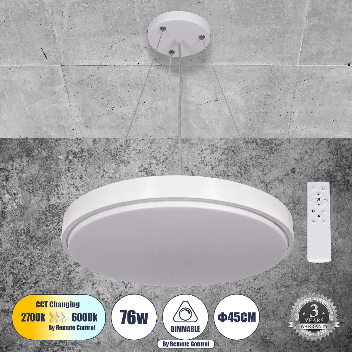 Φωτογραφία προϊόντος: GLOBOSTAR® CASPER 61018 Μοντέρνο Κρεμαστό Φωτιστικό Οροφής LED 76W 8372lm 120° AC 220-240V IP20 Ρυθμιζόμενο Λευκό CCT με Χειριστήριο από 2700K έως 6000K Dimmable - Lumileds SMD Chi