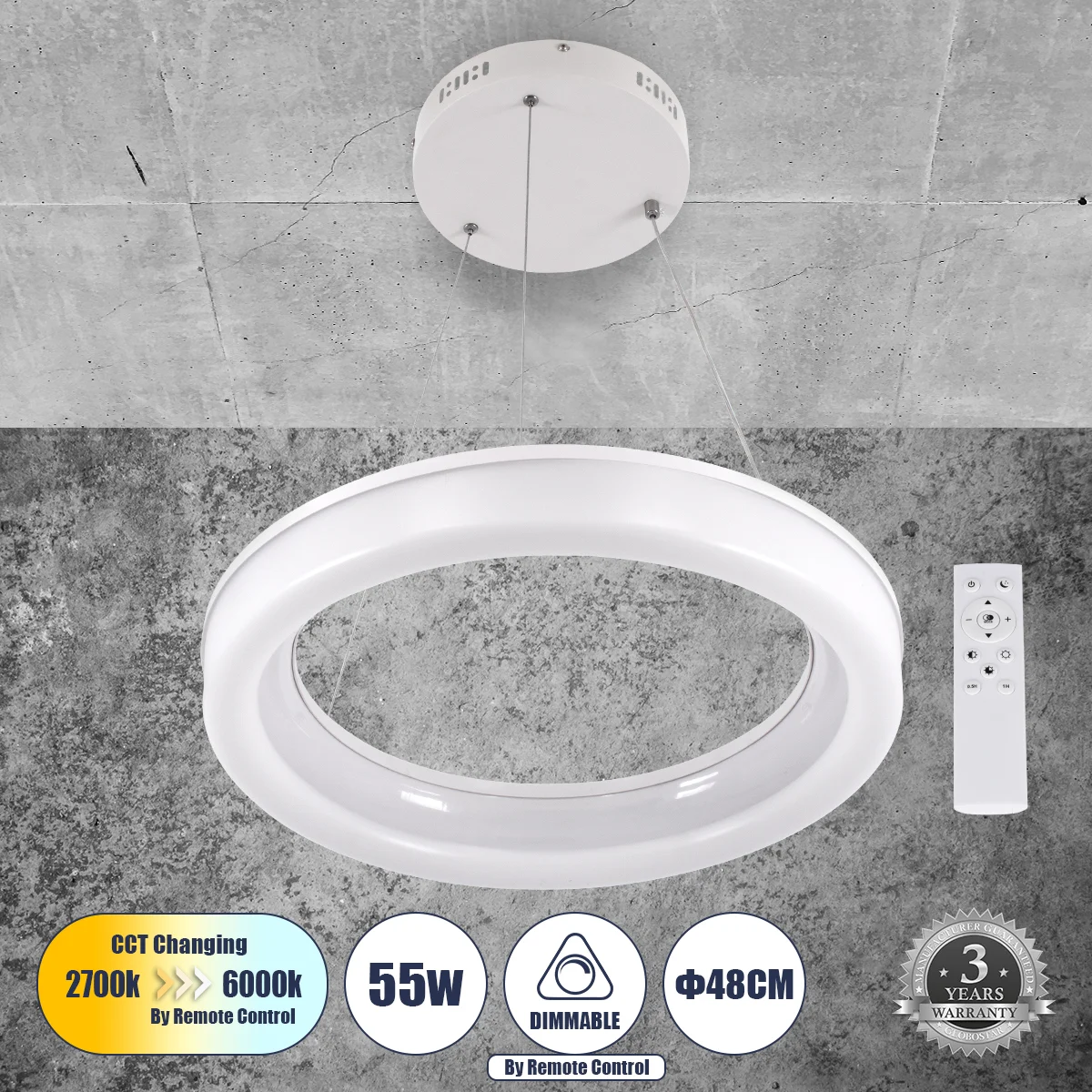 Φωτογραφία προϊόντος: GLOBOSTAR® ARIANA 61038 Μοντέρνο Κρεμαστό Φωτιστικό Οροφής LED 55W 6376lm 120° AC 220-240V IP20 Ρυθμιζόμενο Λευκό CCT με Χειριστήριο από 2700K έως 6000K Dimmable - Lumileds SMD Chi