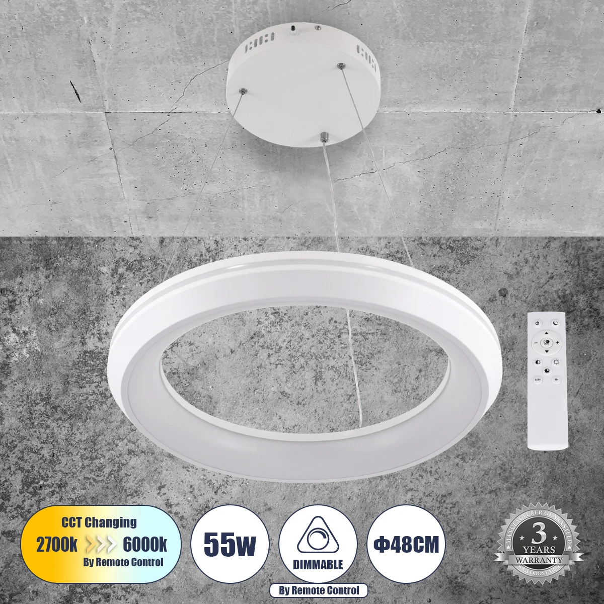 Φωτογραφία προϊόντος: GLOBOSTAR® MELINA 61044 Μοντέρνο Κρεμαστό Φωτιστικό Οροφής LED 55W 6376lm 120° AC 220-240V IP20 Ρυθμιζόμενο Λευκό CCT με Χειριστήριο από 2700K έως 6000K Dimmable - Lumileds SMD Chi