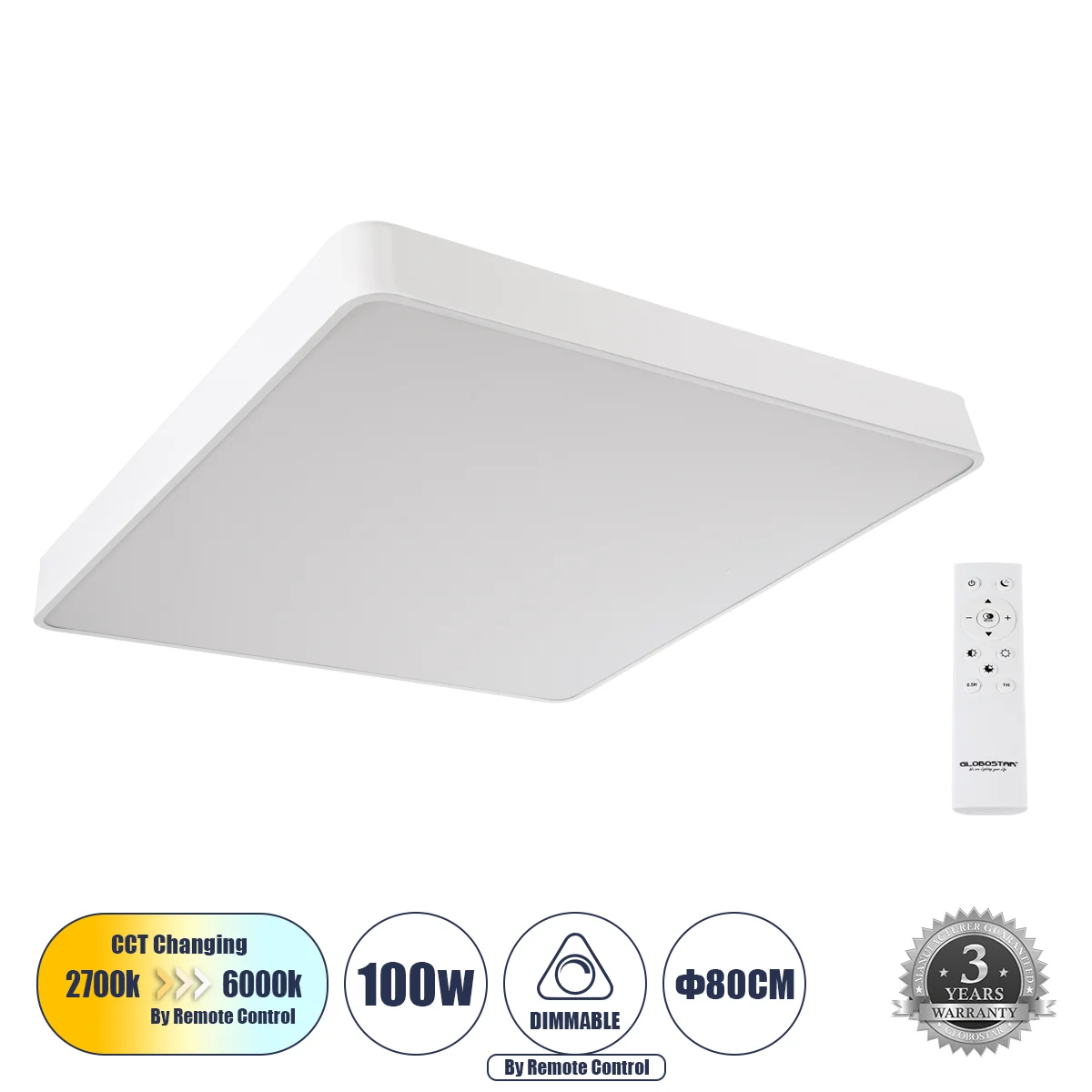 Φωτογραφία προϊόντος: GLOBOSTAR® KAMALA 61211-S Μοντέρνο Φωτιστικό Οροφής LED 100W 11020lm 120° AC 220-240V IP20 Ρυθμιζόμενο Λευκό CCT με Χειριστήριο από 2700K έως 6000K Dimmable - Lumileds SMD Chip - Λ
