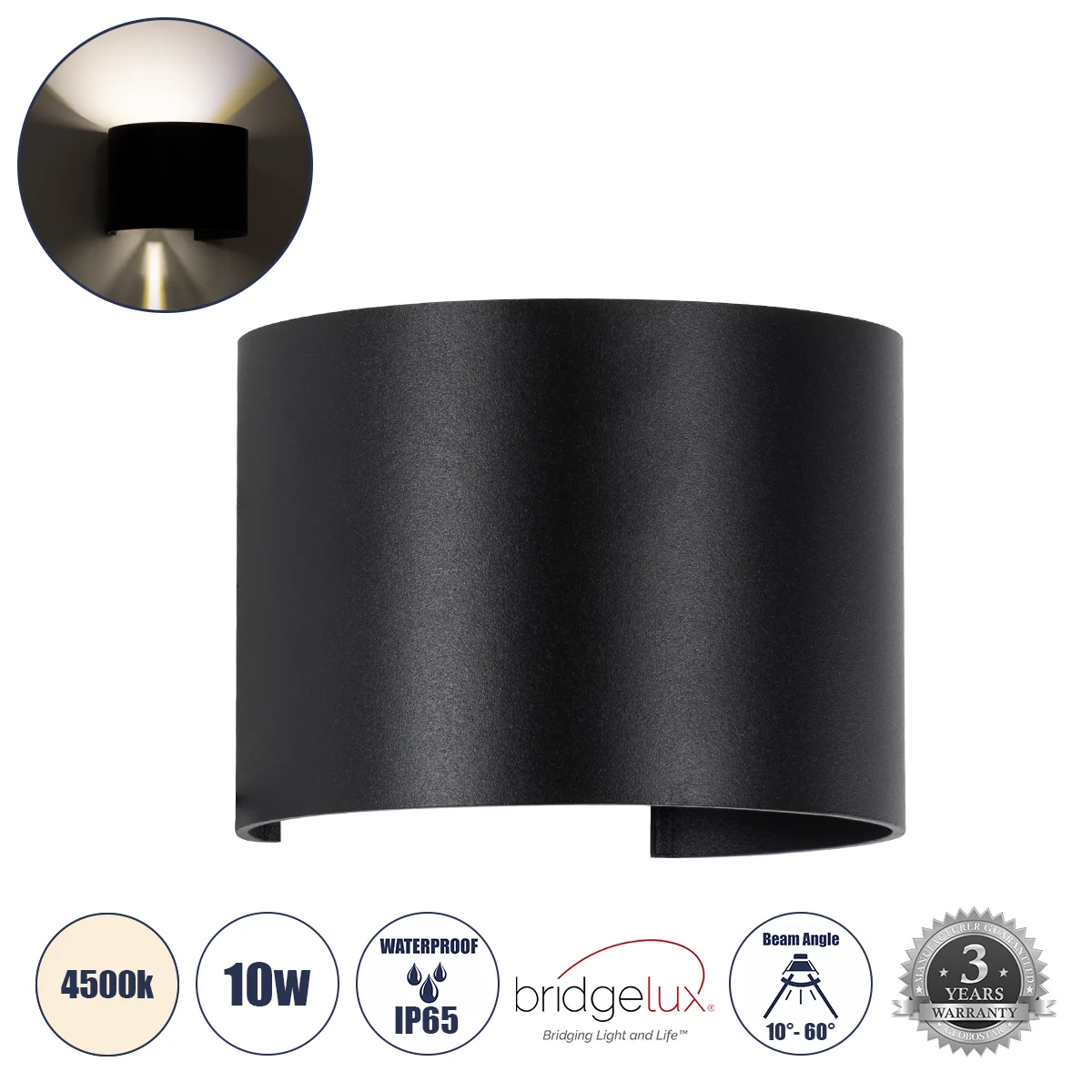 Φωτογραφία προϊόντος: GLOBOSTAR® AXIS-R 60640 Μοντέρνο Φωτιστικό Τοίχου - Απλίκα LED 10W 1200lm 5°/60° AC 220-240V Αδιάβροχο IP65 Φυσικό Λευκό 4500K - Bridgelux COB Chip & TÜV SÜD Driver - Μαύρο Ματ - Μ