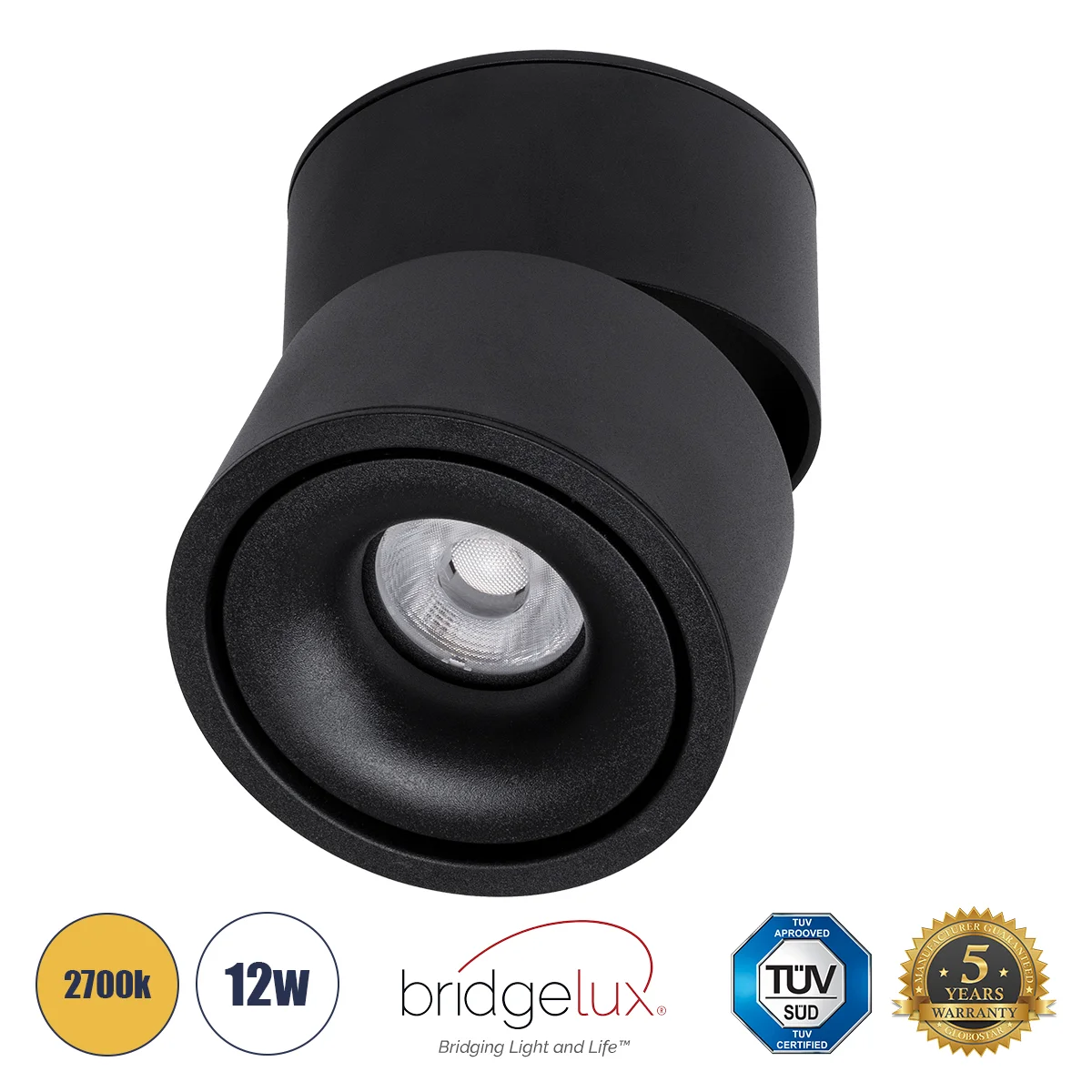Φωτογραφία προϊόντος: GLOBOSTAR® OMEGA-S 60301 Κινούμενο Downlight Σποτ LED 12W 1500lm 36° AC 220-240V IP20 Θερμό Λευκό 2700K - Bridgelux COB Chip & TÜV SÜD Driver - Μαύρο Ματ - Μ10 x Π10 x Υ10.5cm - 5